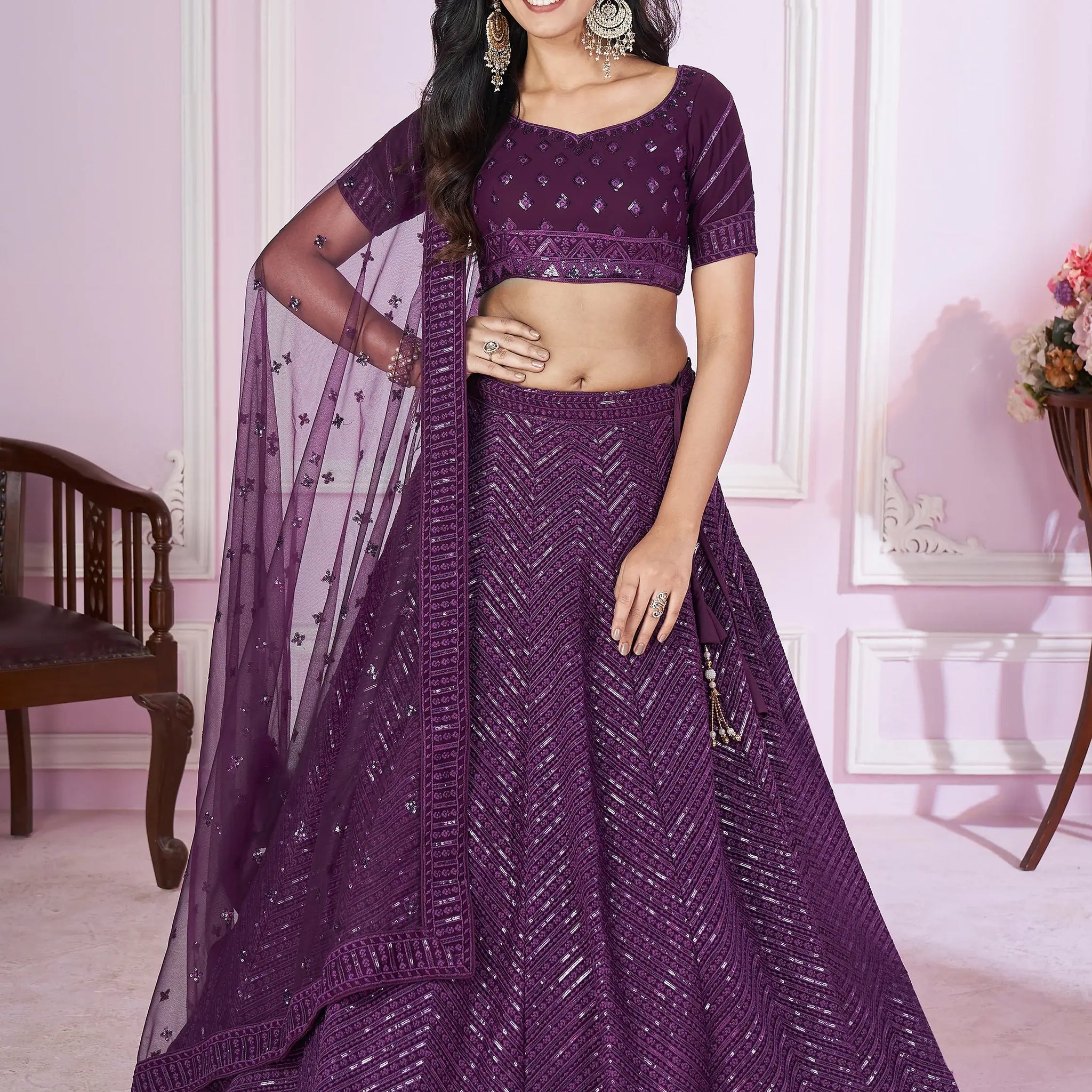 Astonishing Purple Sequins Georgette Reception Wear Lehenga Choli - Zeel Clothing