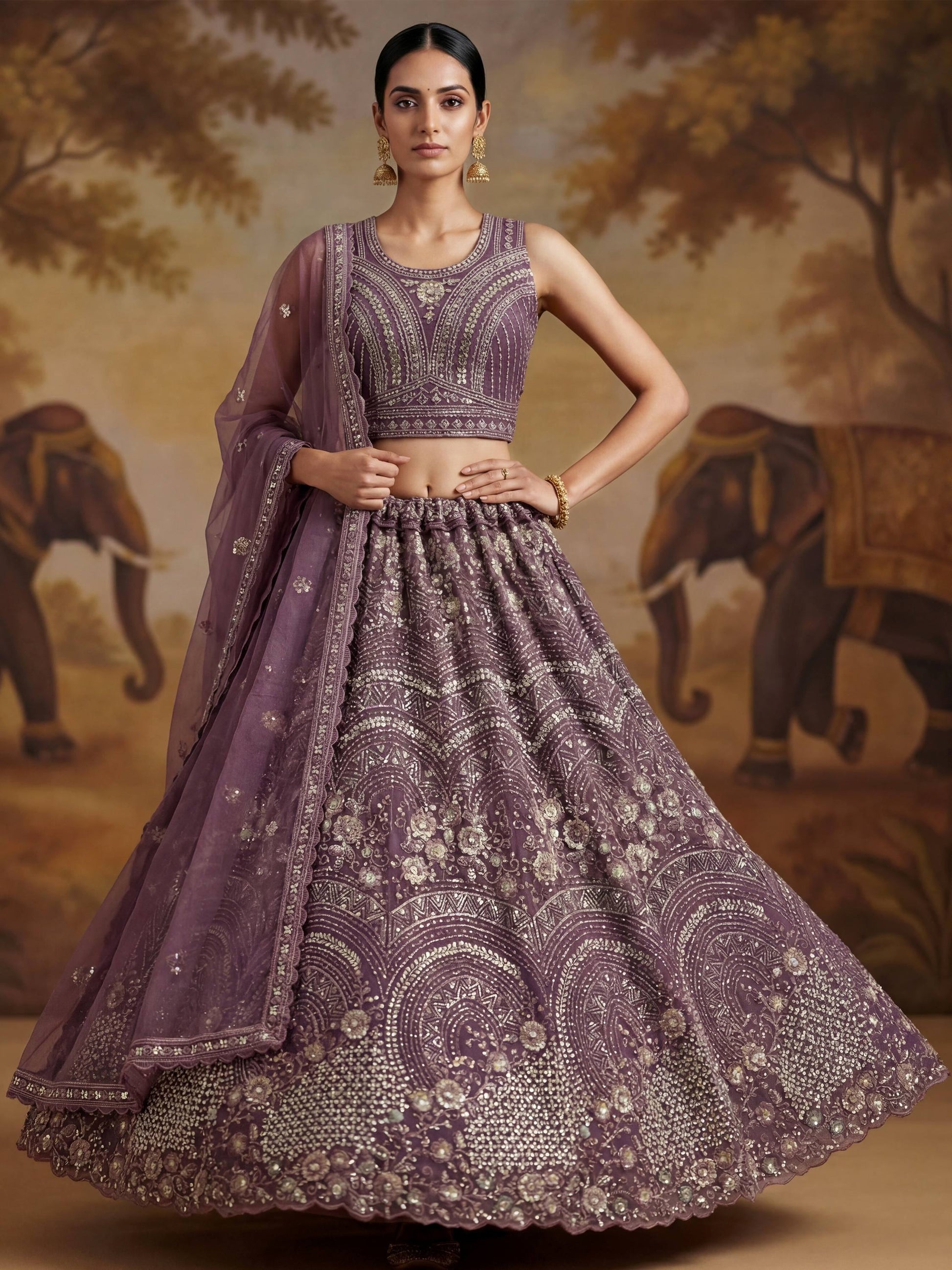 Astonishing Purple Zircon Work Net Bridesmaid Lehenga With Dupatta