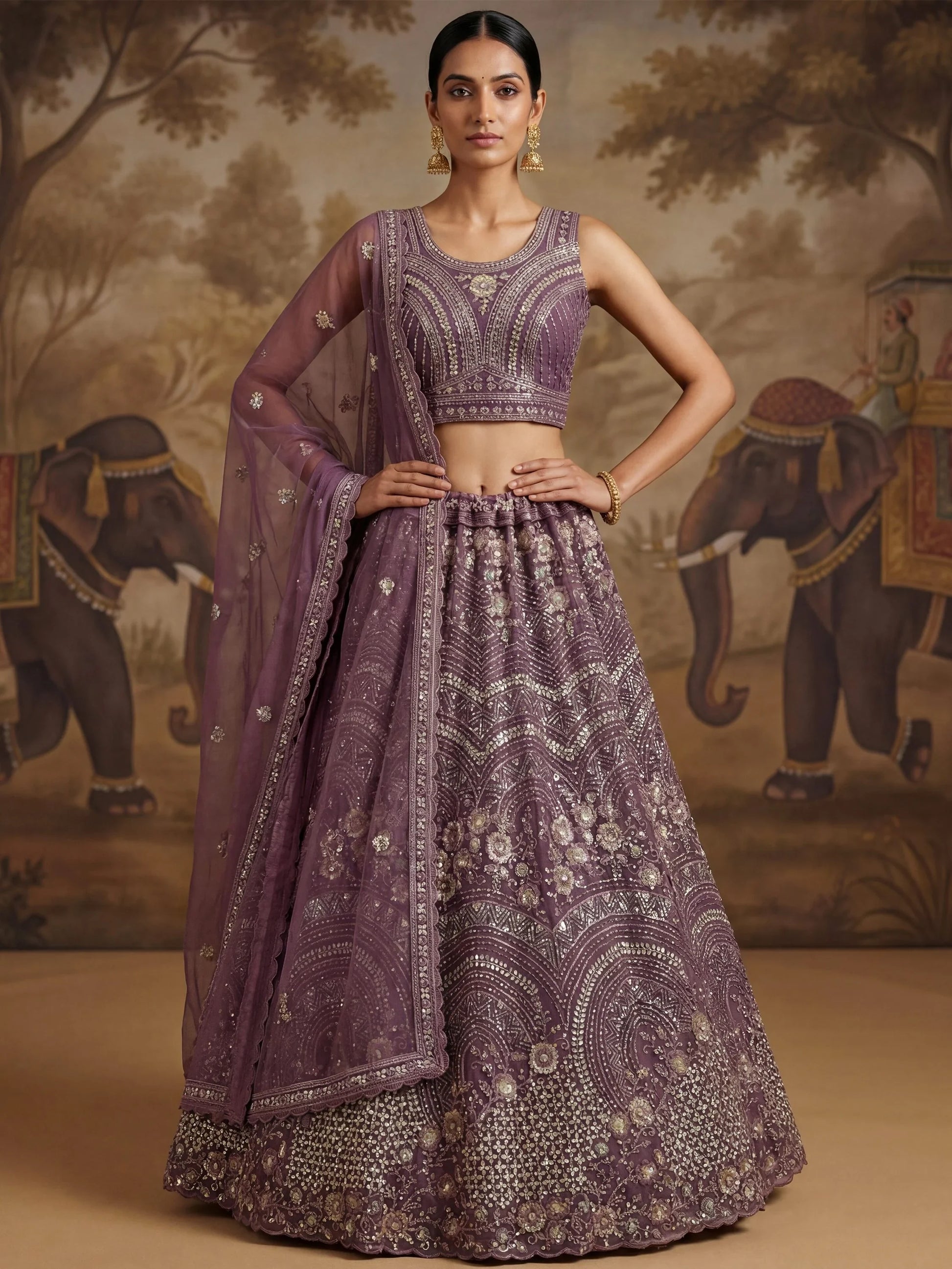 Astonishing Purple Zircon Work Net Bridesmaid Lehenga With Dupatta