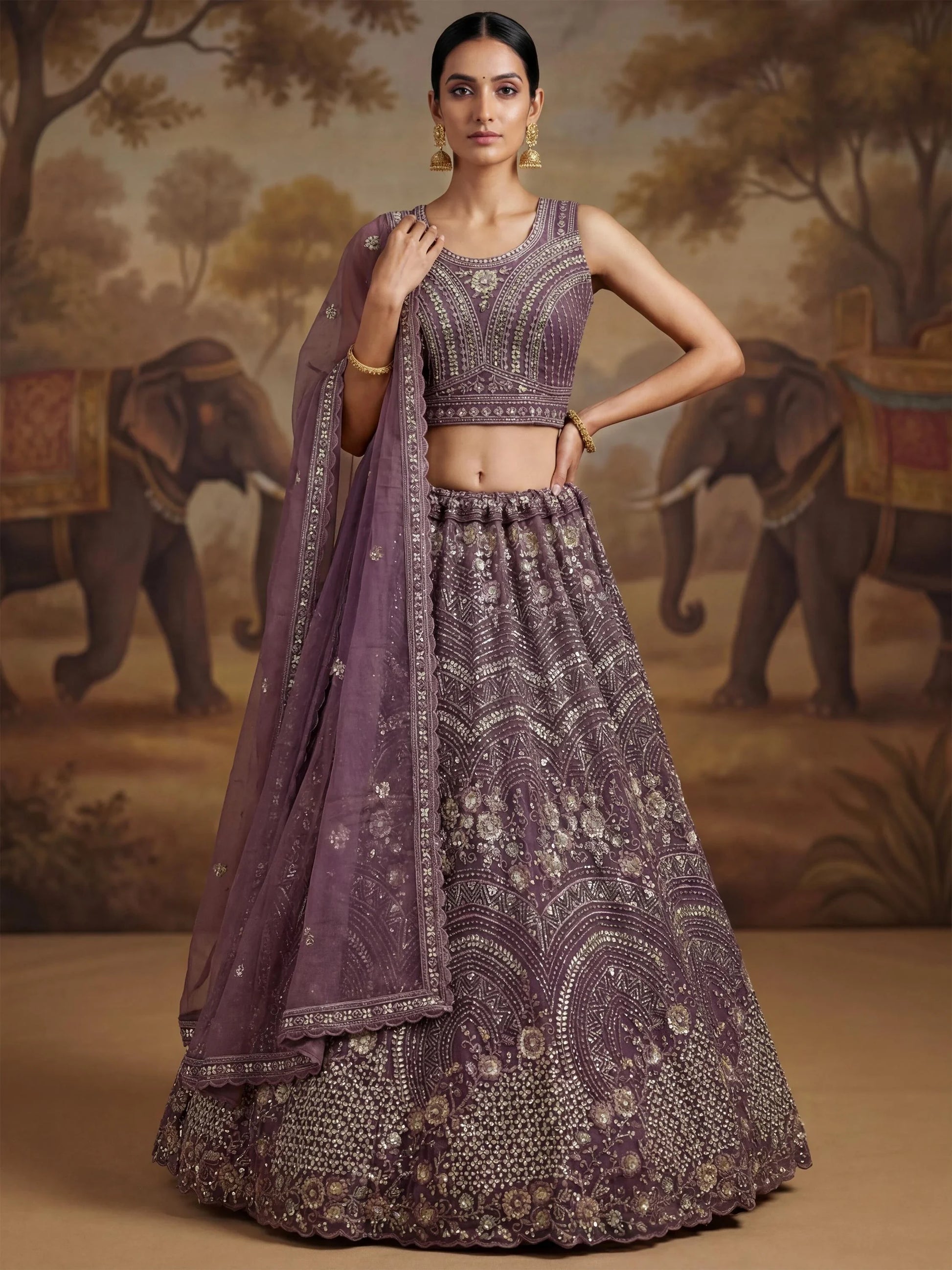 Astonishing Purple Zircon Work Net Bridesmaid Lehenga With Dupatta