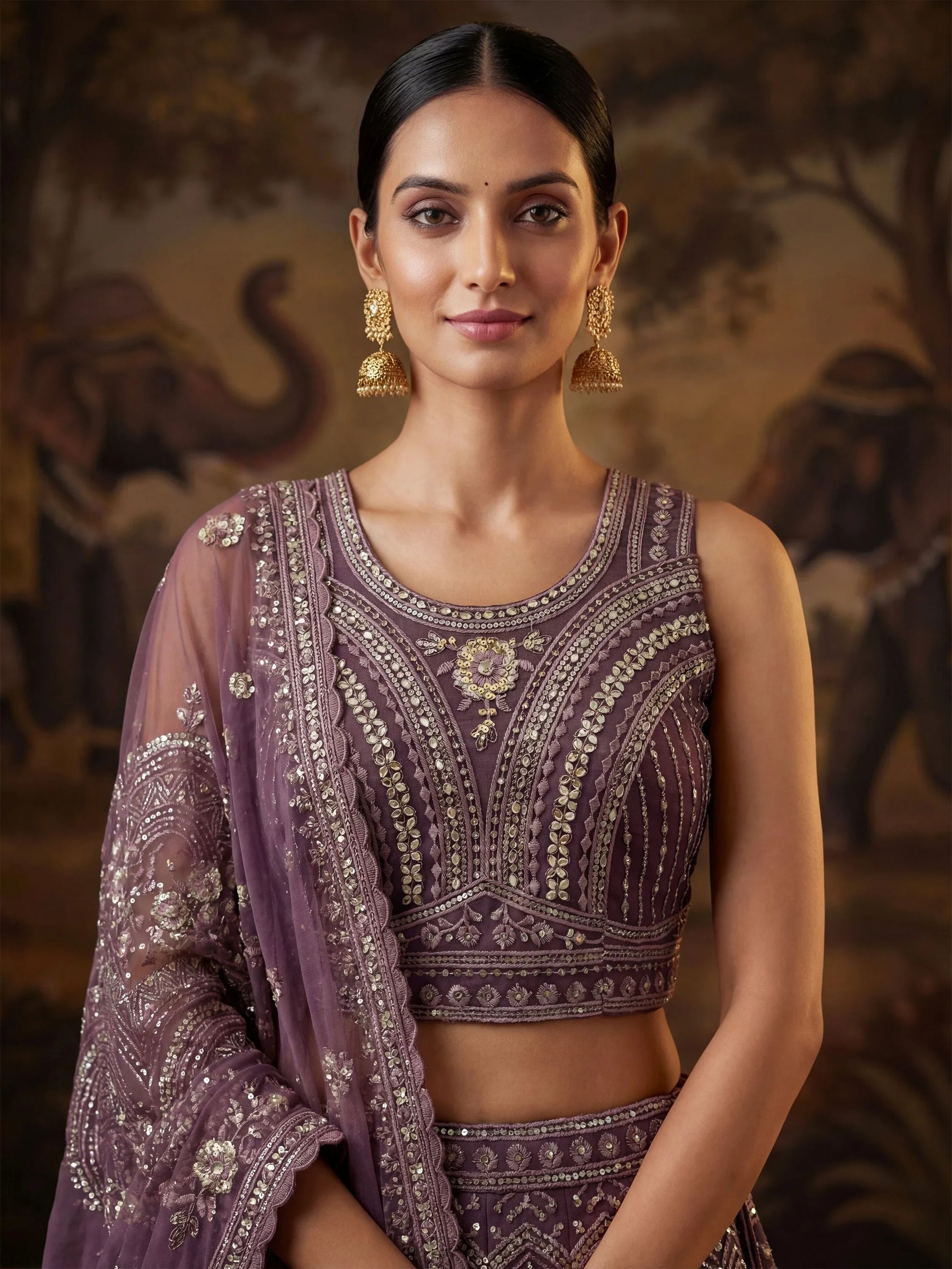 Astonishing Purple Zircon Work Net Bridesmaid Lehenga With Dupatta