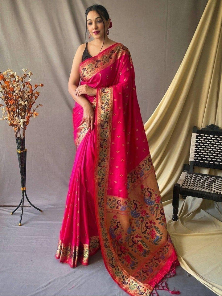 Astonishing Rani Pink Woven Paithani Silk Classic Saree With Blouse