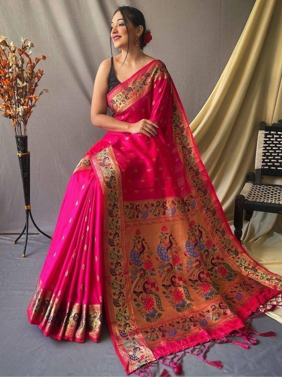 Astonishing Rani Pink Woven Paithani Silk Classic Saree With Blouse