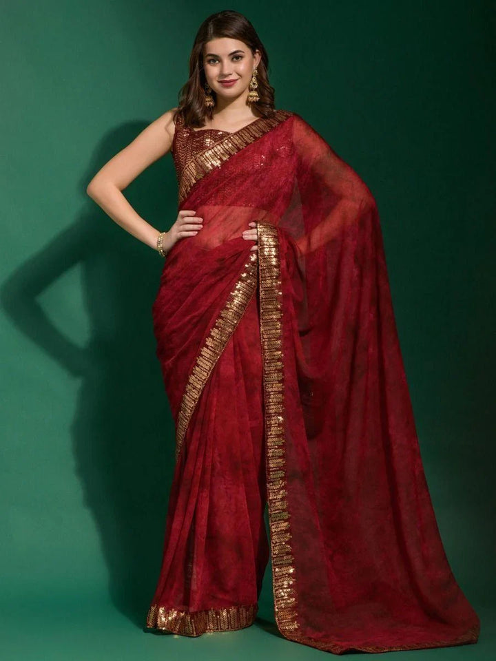 Astonishing Red Digital Printed Chiffon Wedding Saree With Blouse