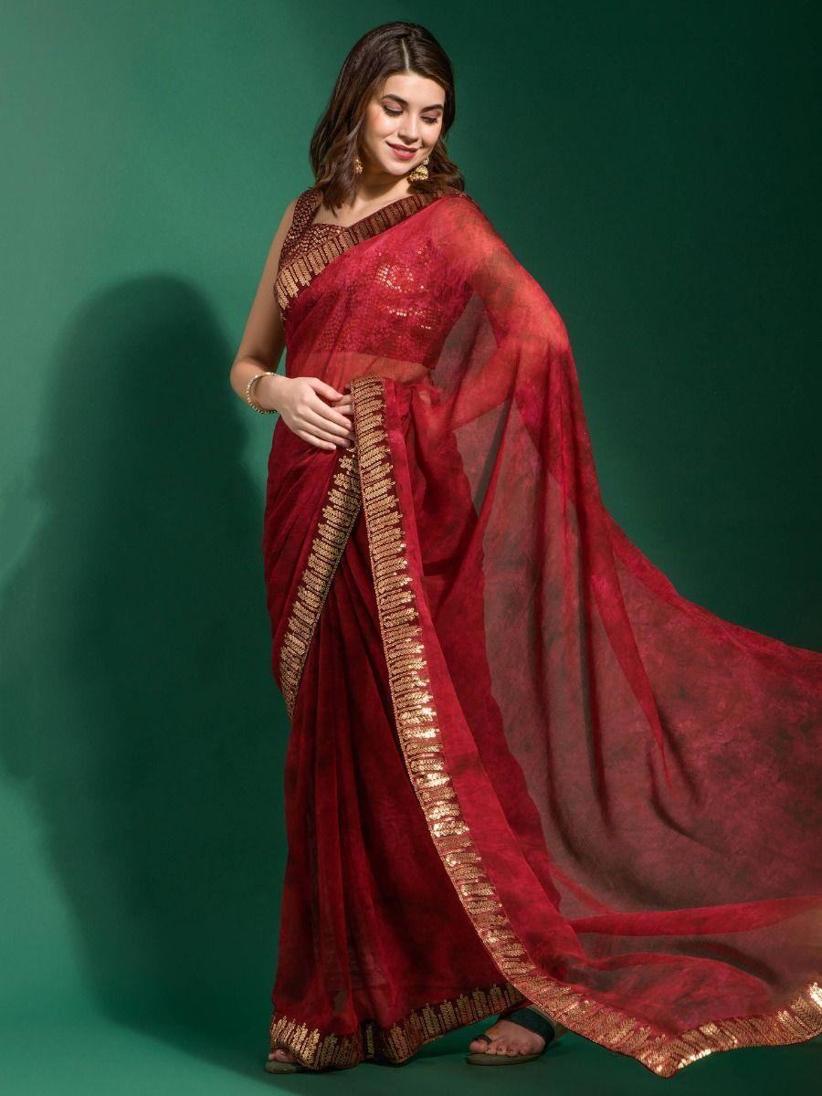 Astonishing Red Digital Printed Chiffon Wedding Saree With Blouse