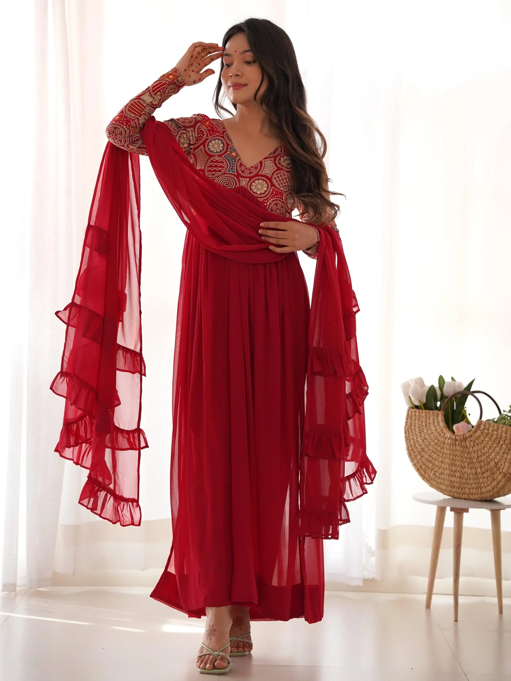 Astonishing Red Embroidered Georgette Festival Wear Anarkali Suit