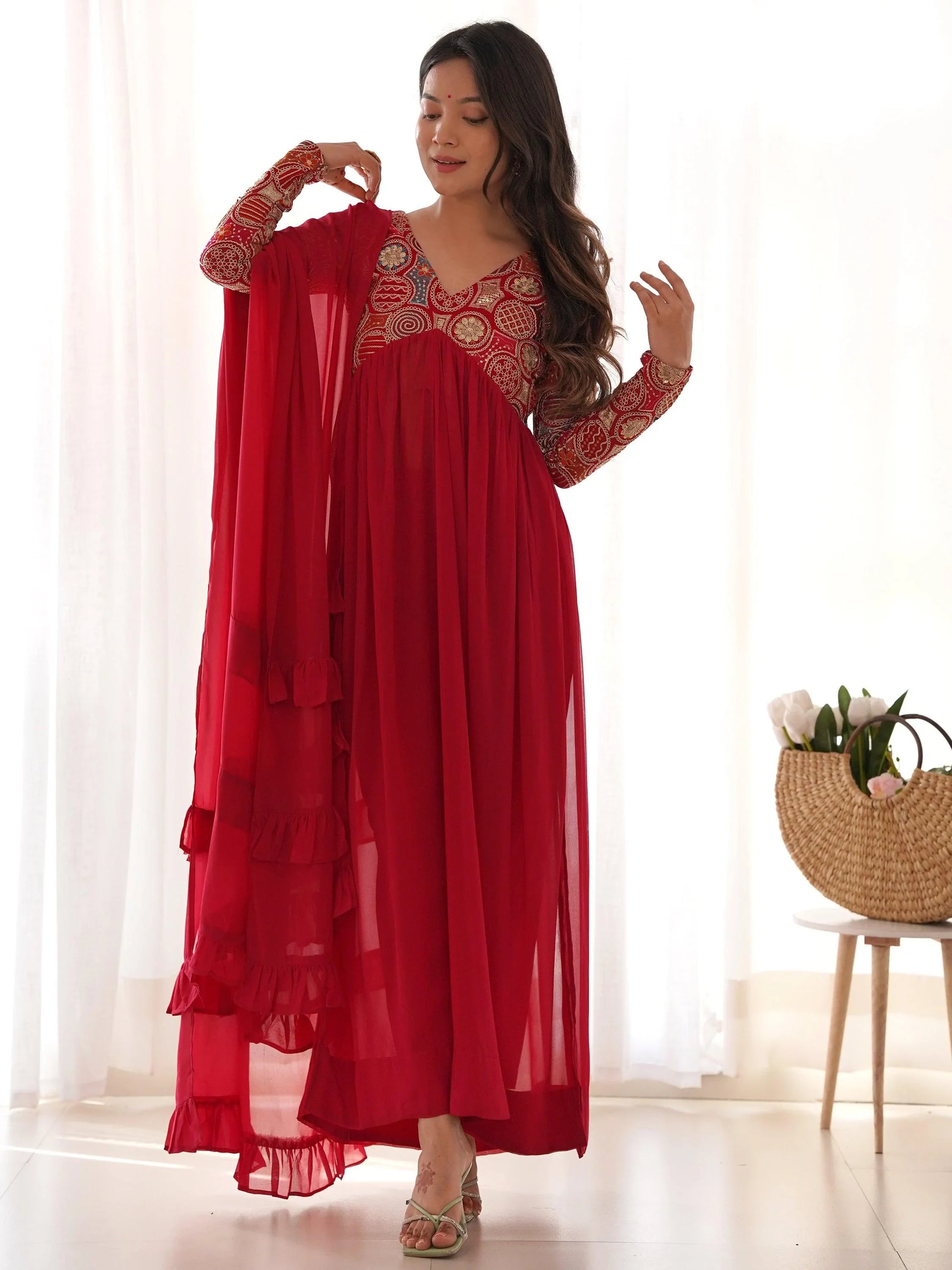Astonishing Red Embroidered Georgette Festival Wear Anarkali Suit