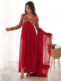 Astonishing Red Embroidered Georgette Festival Wear Anarkali Suit