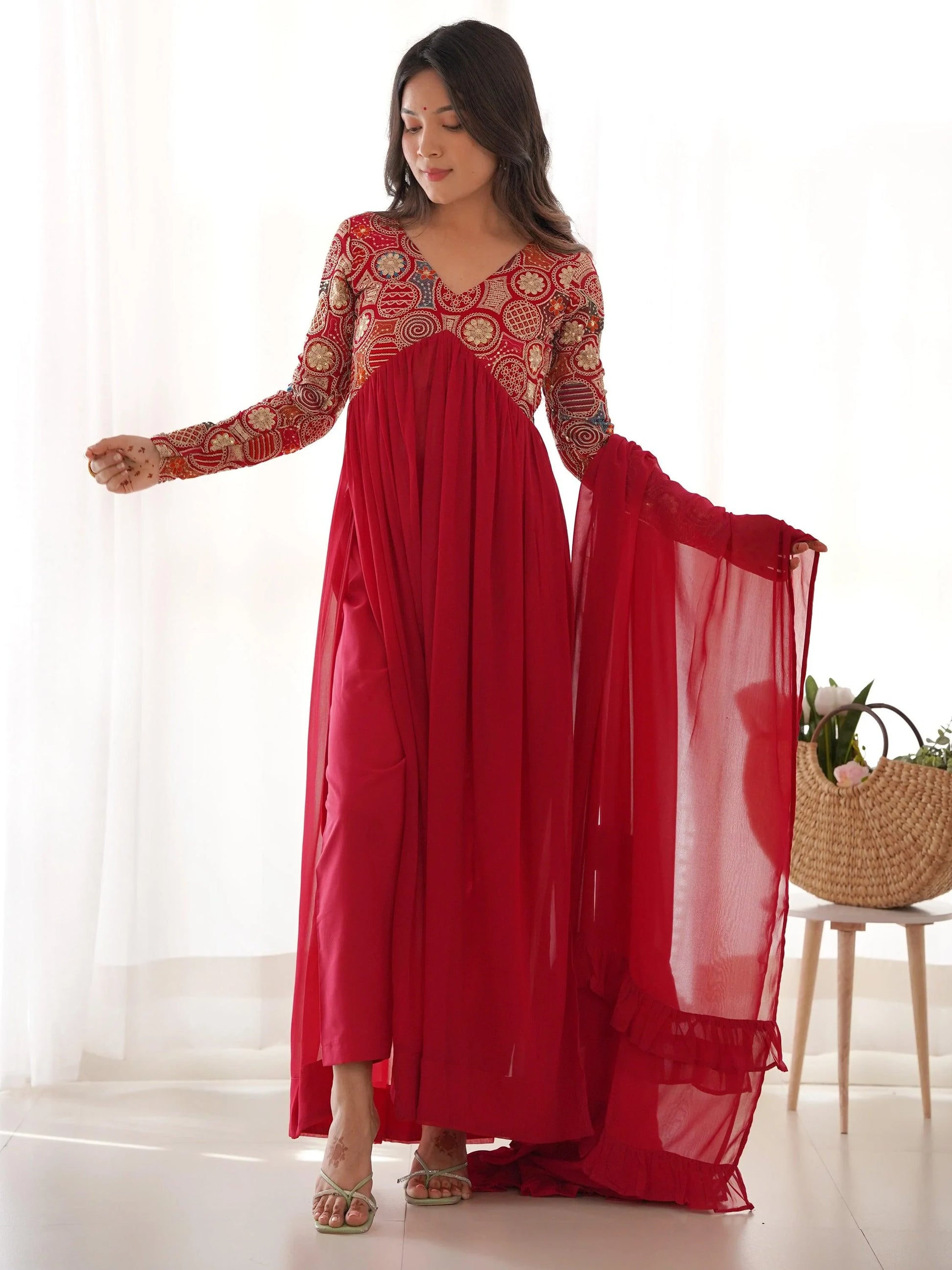 Astonishing Red Embroidered Georgette Festival Wear Anarkali Suit