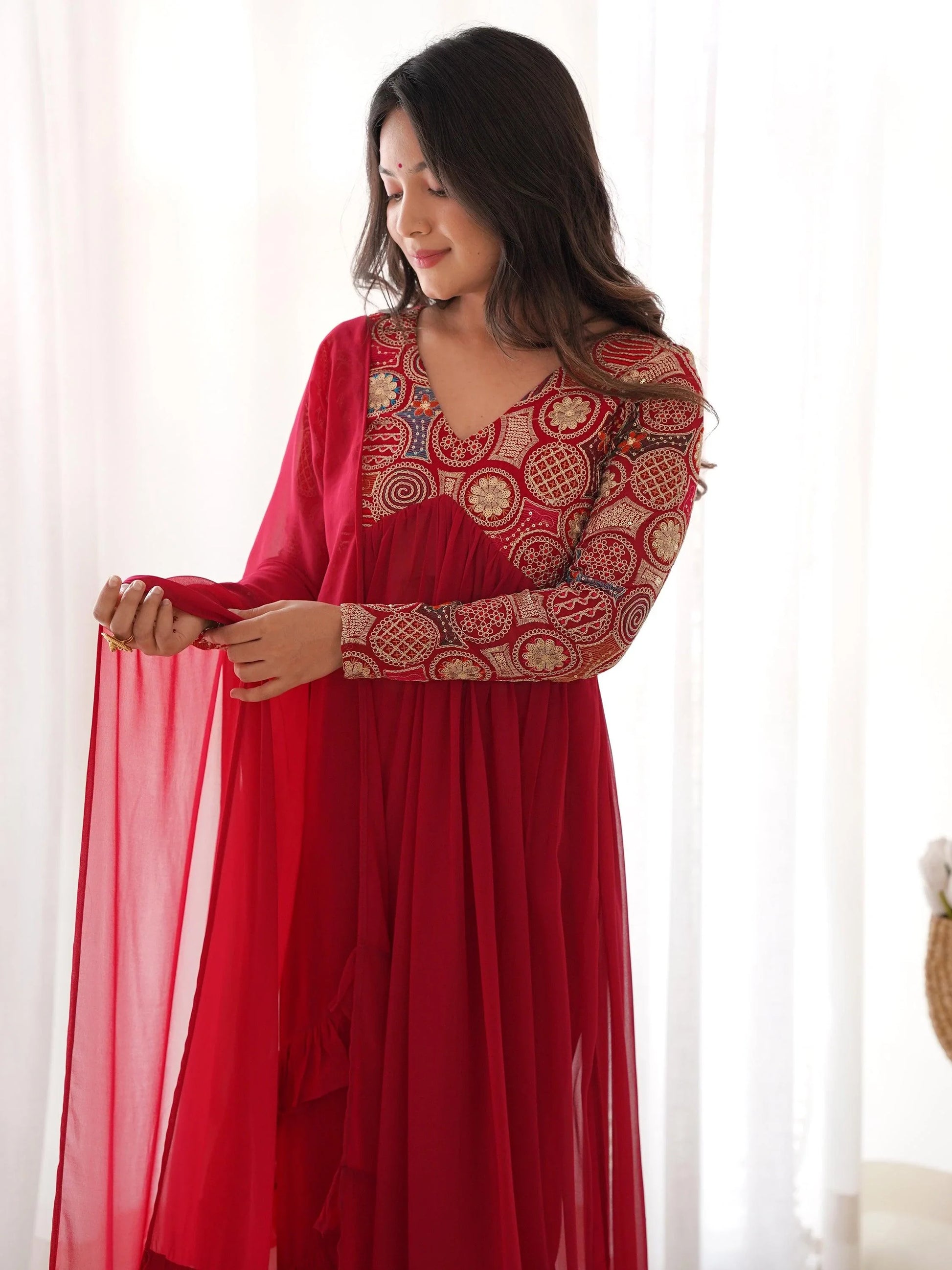 Astonishing Red Embroidered Georgette Festival Wear Anarkali Suit