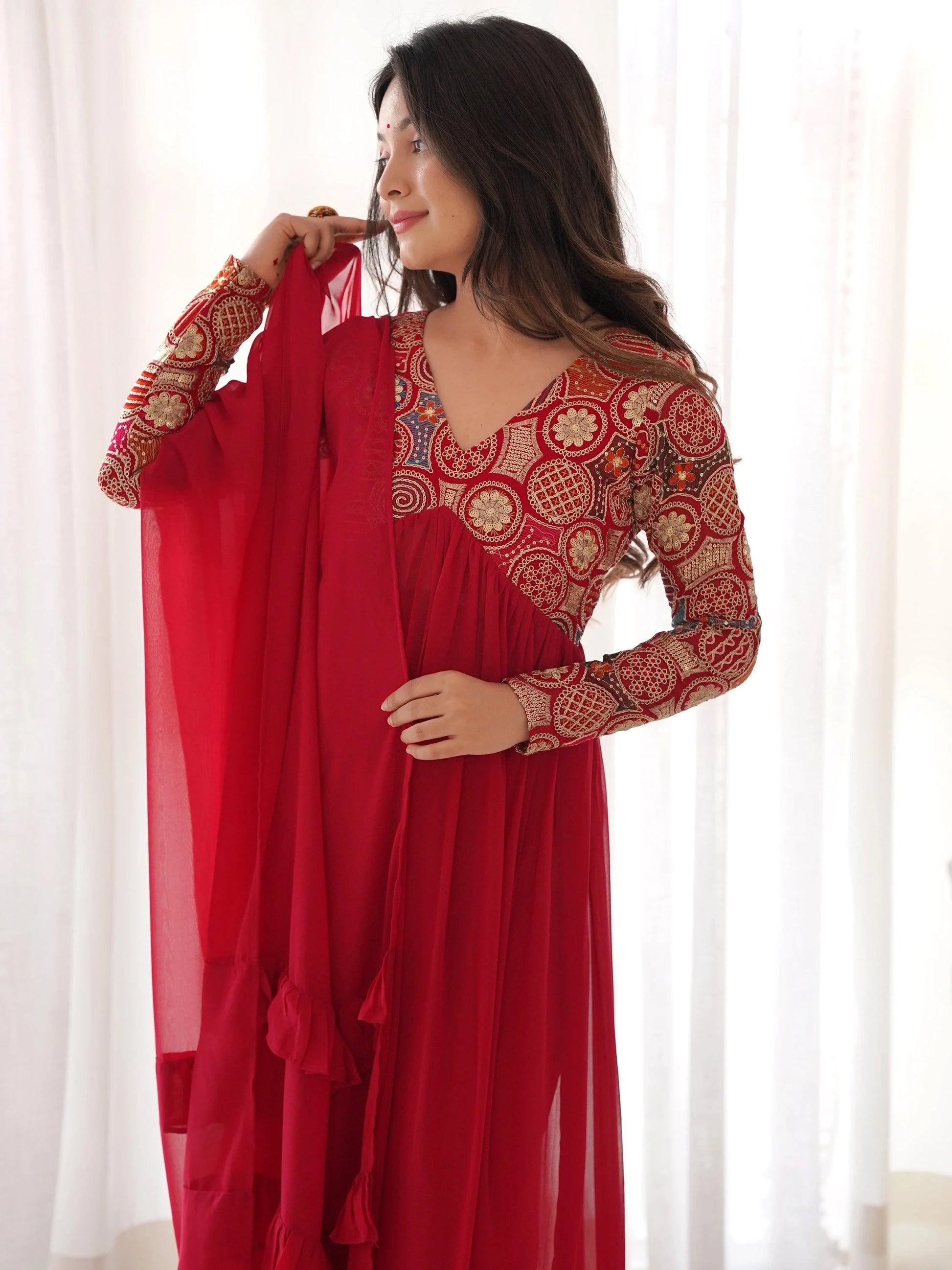 Astonishing Red Embroidered Georgette Festival Wear Anarkali Suit