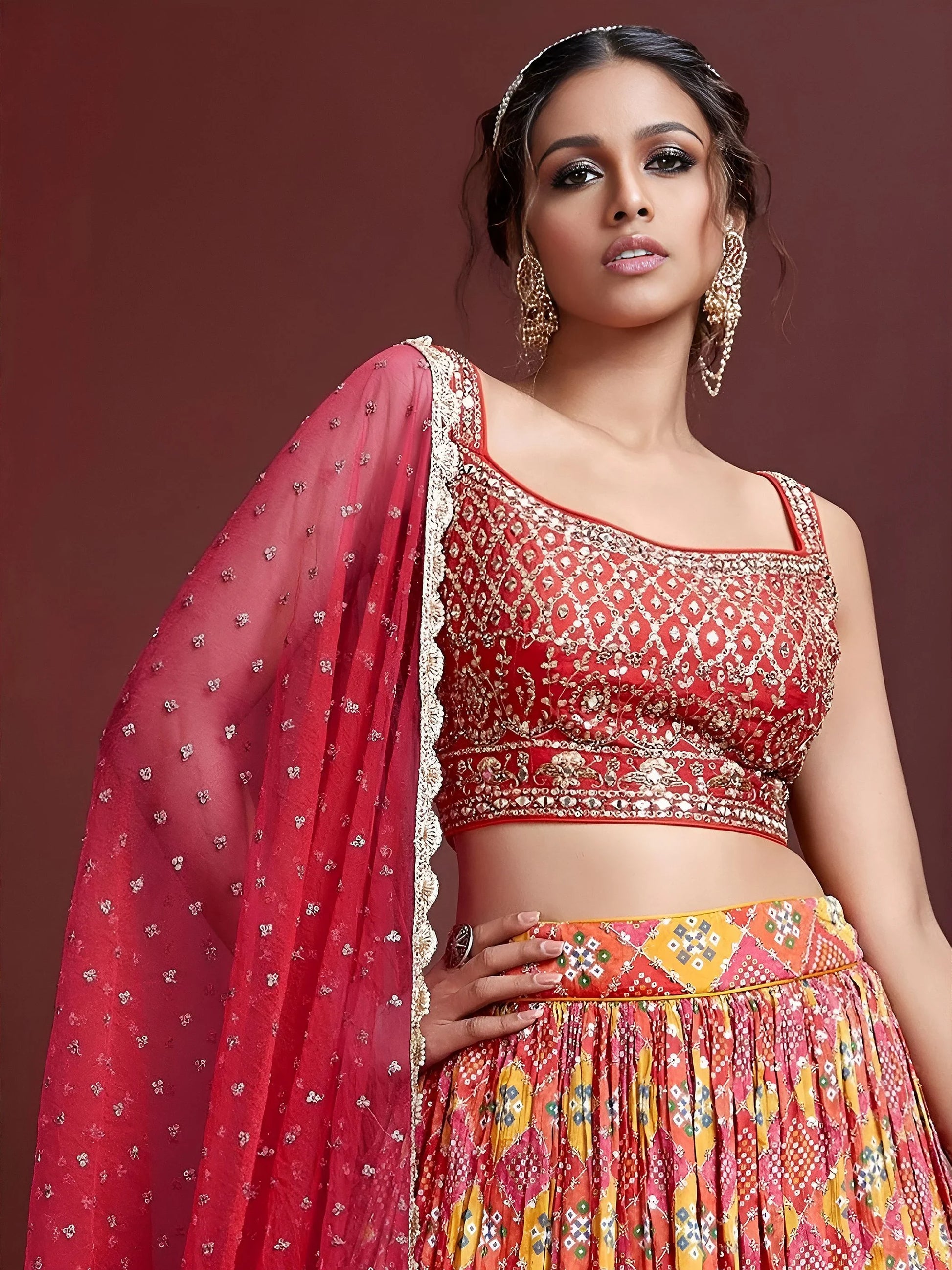 Astonishing Red Sequins Embroidery Chinon Silk Lehenga Choli