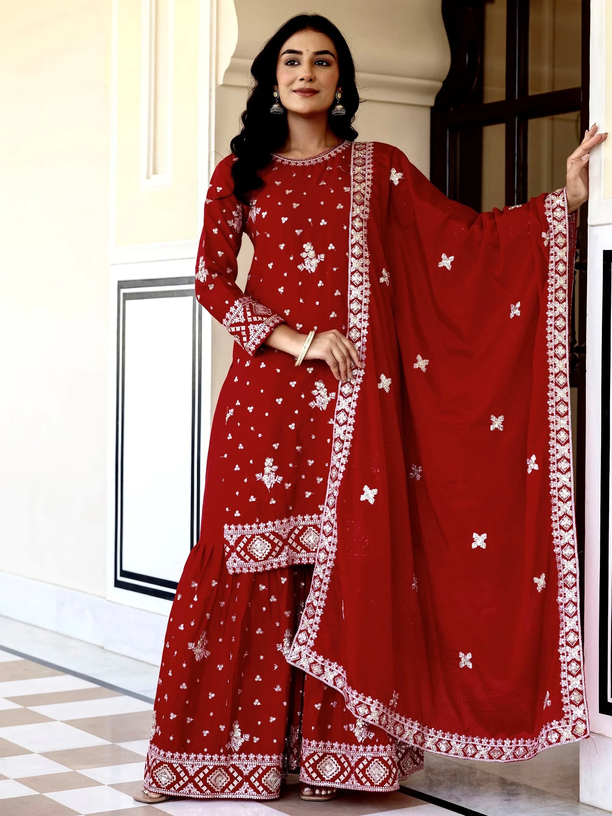Astonishing Red Sequins Embroidery Chinon Wedding Wear Gharara Suit