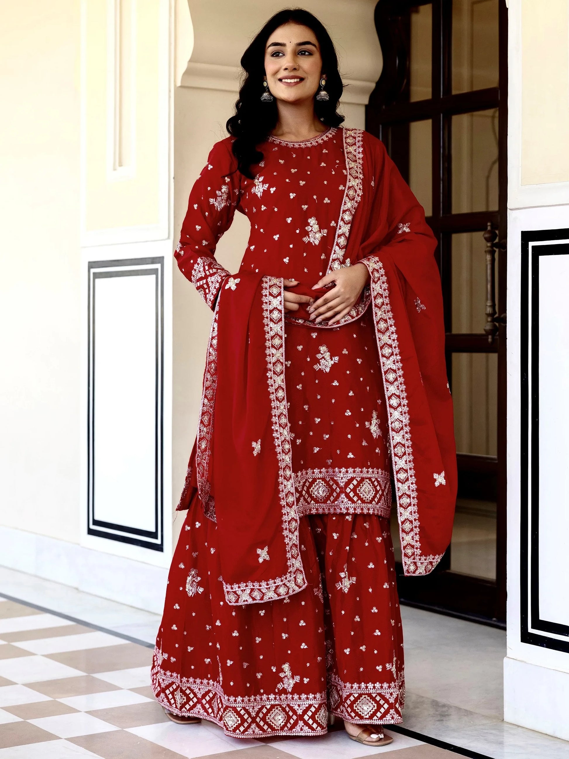 Astonishing Red Sequins Embroidery Chinon Wedding Wear Gharara Suit