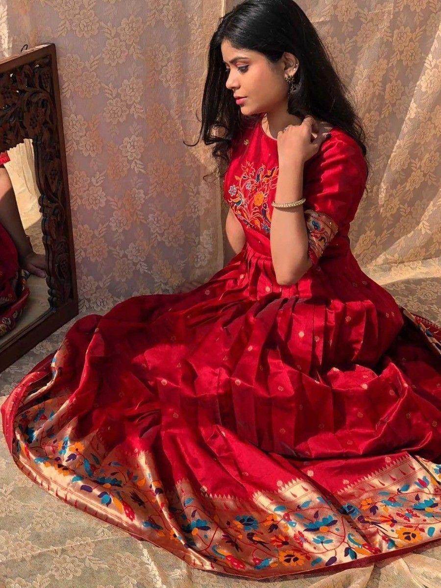 Astonishing Red Zari Weaving Banarasi Silk Festival Wear Gown - Zeel Clothing