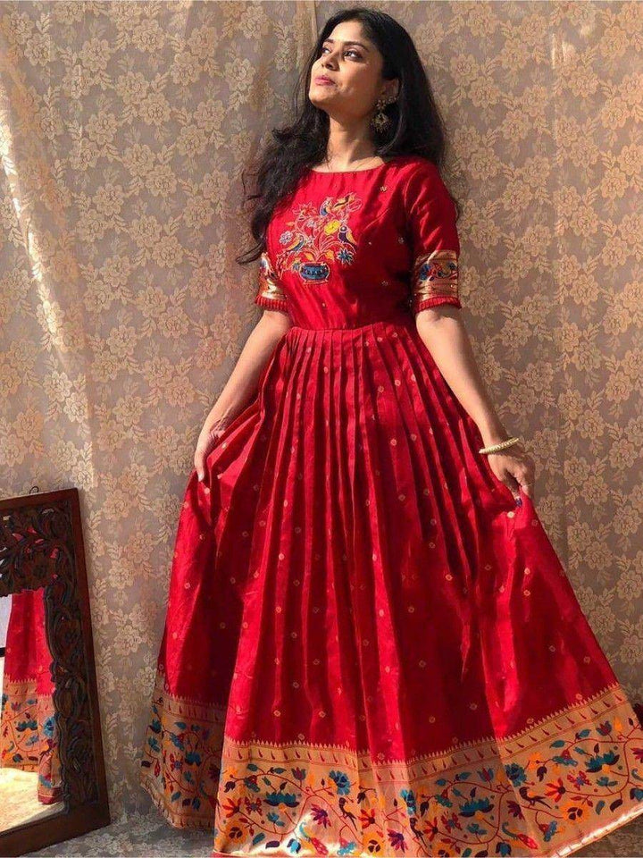 Astonishing Red Zari Weaving Banarasi Silk Festival Wear Gown - Zeel Clothing