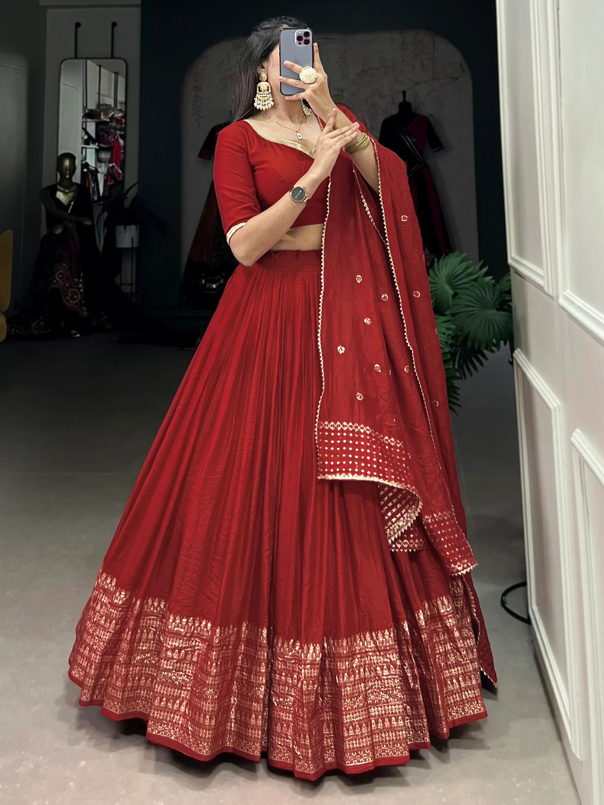 Astonishing Red Zari Weaving Chanderi Wedding Lehenga Choli - Zeel Clothing