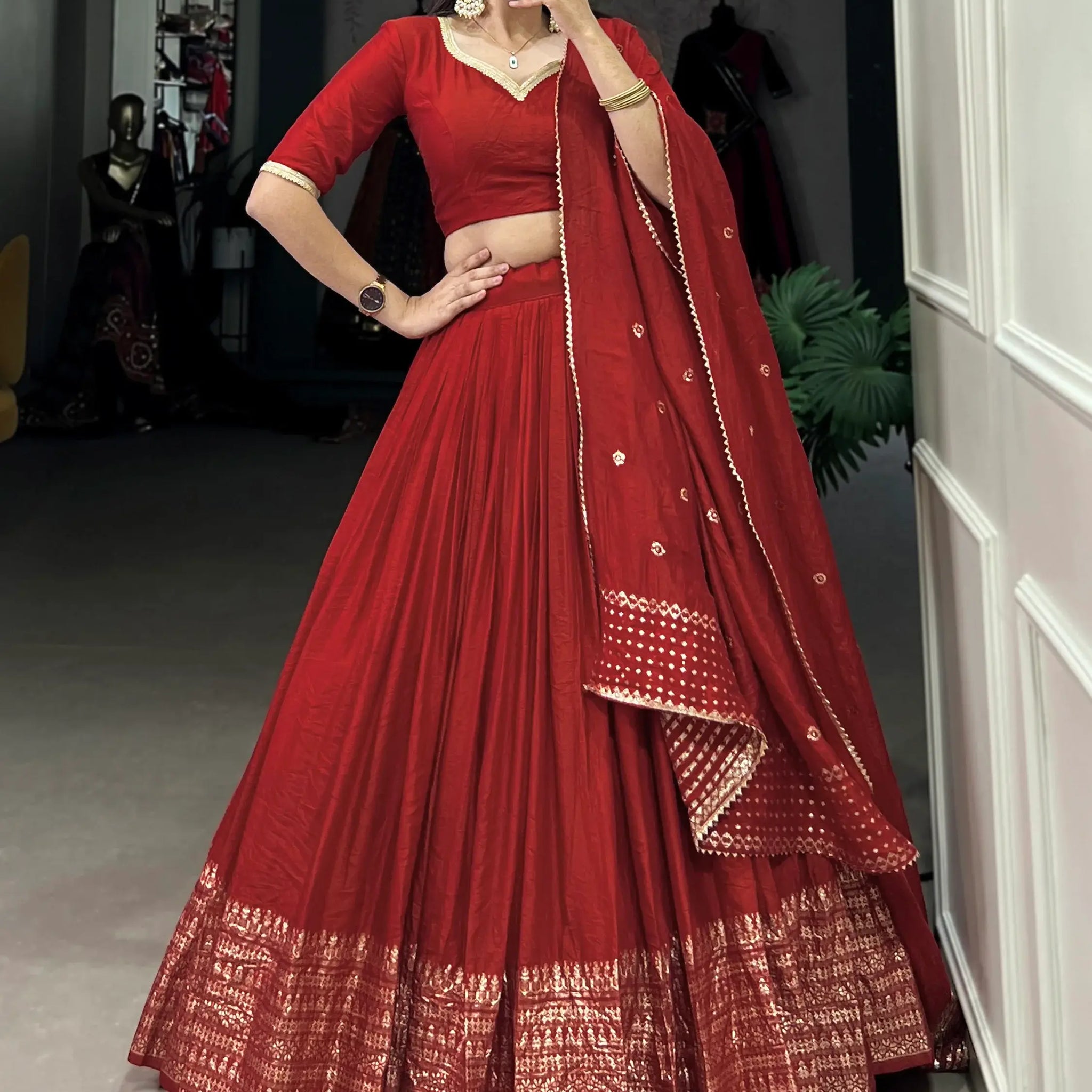 Astonishing Red Zari Weaving Chanderi Wedding Lehenga Choli - Zeel Clothing