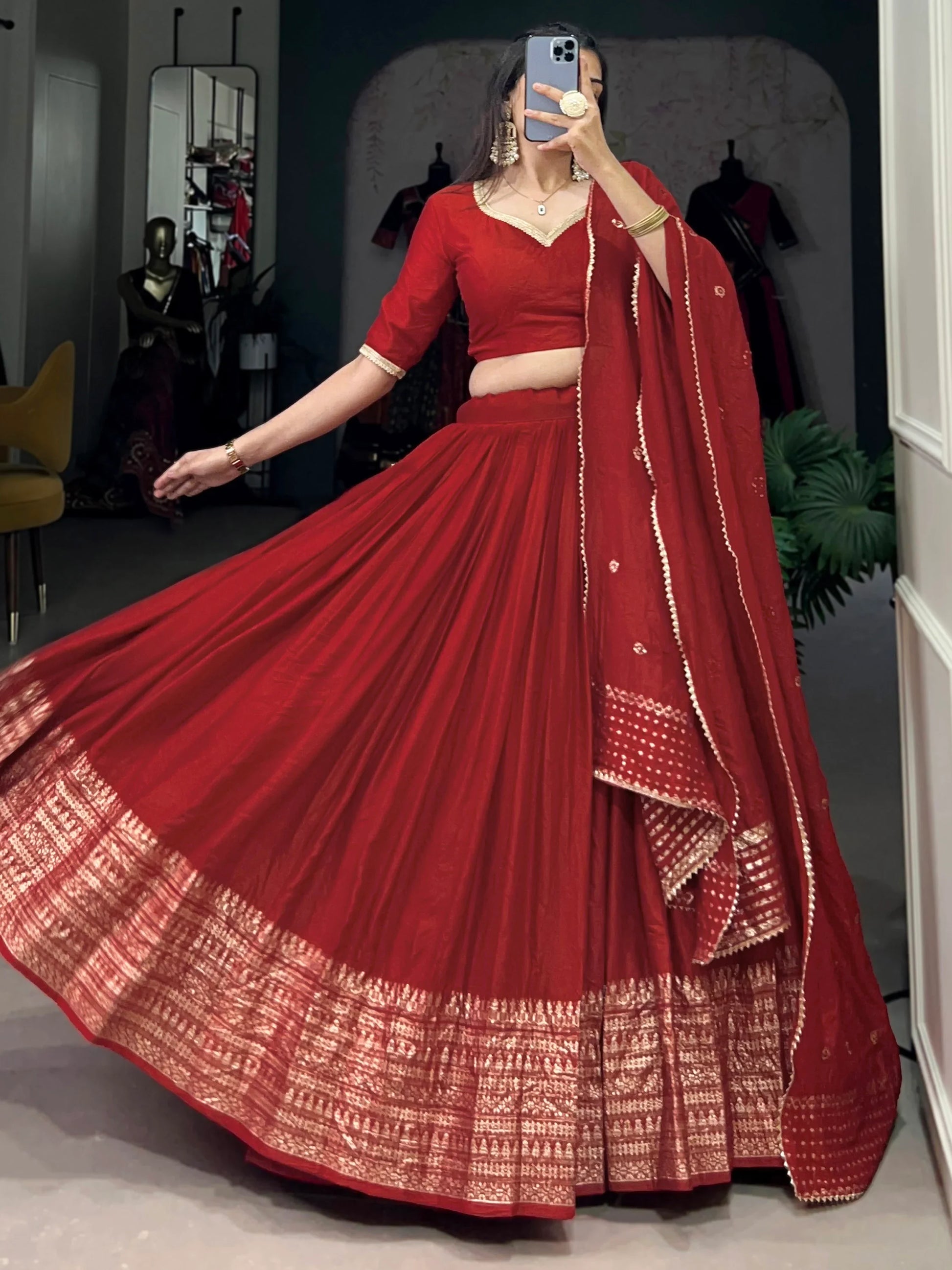 Astonishing Red Zari Weaving Chanderi Wedding Lehenga Choli - Zeel Clothing