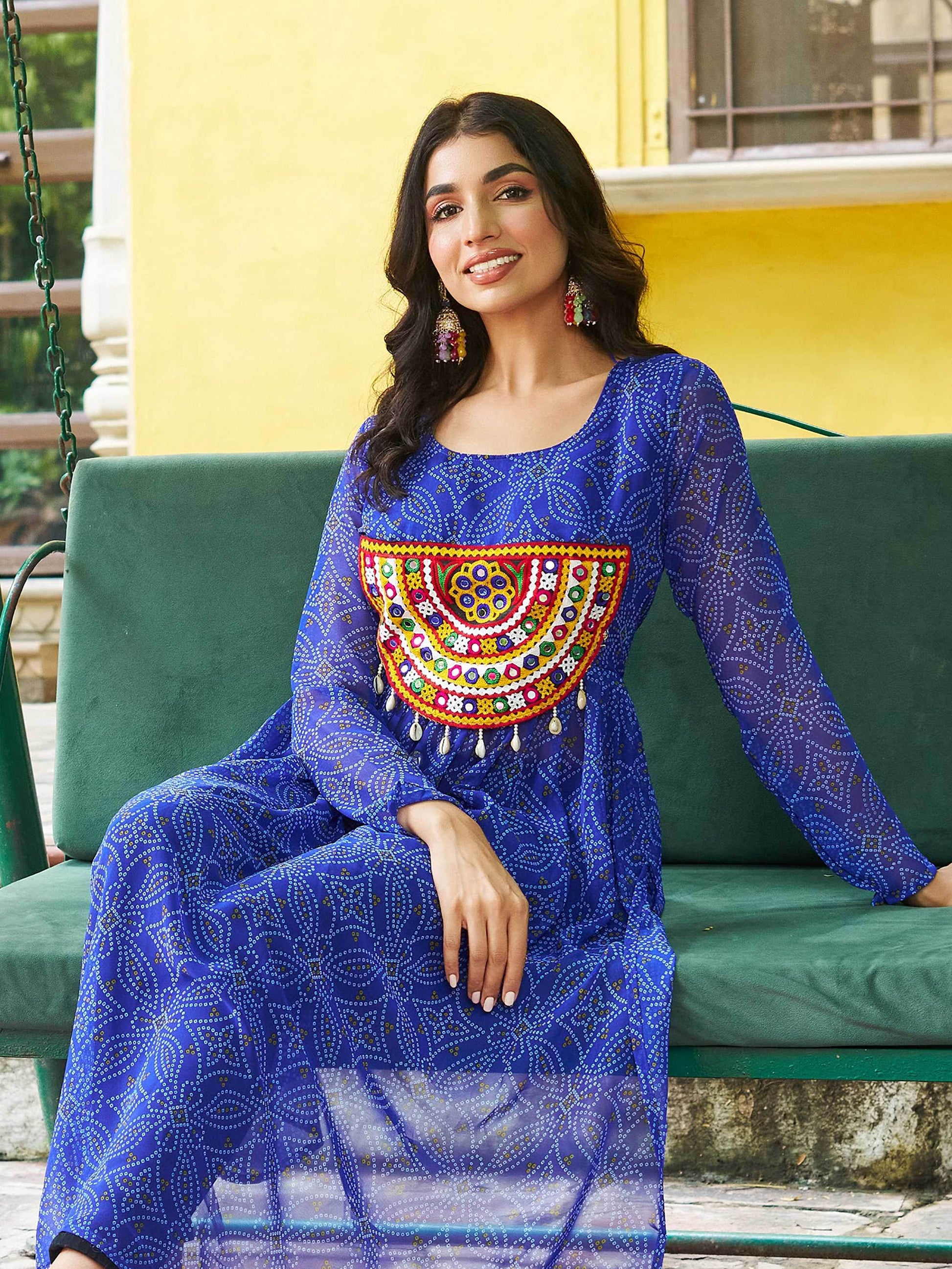Astonishing Royal Blue Gamthi Work Georgette Festive Wear Long Kurti - Zeel Clothing