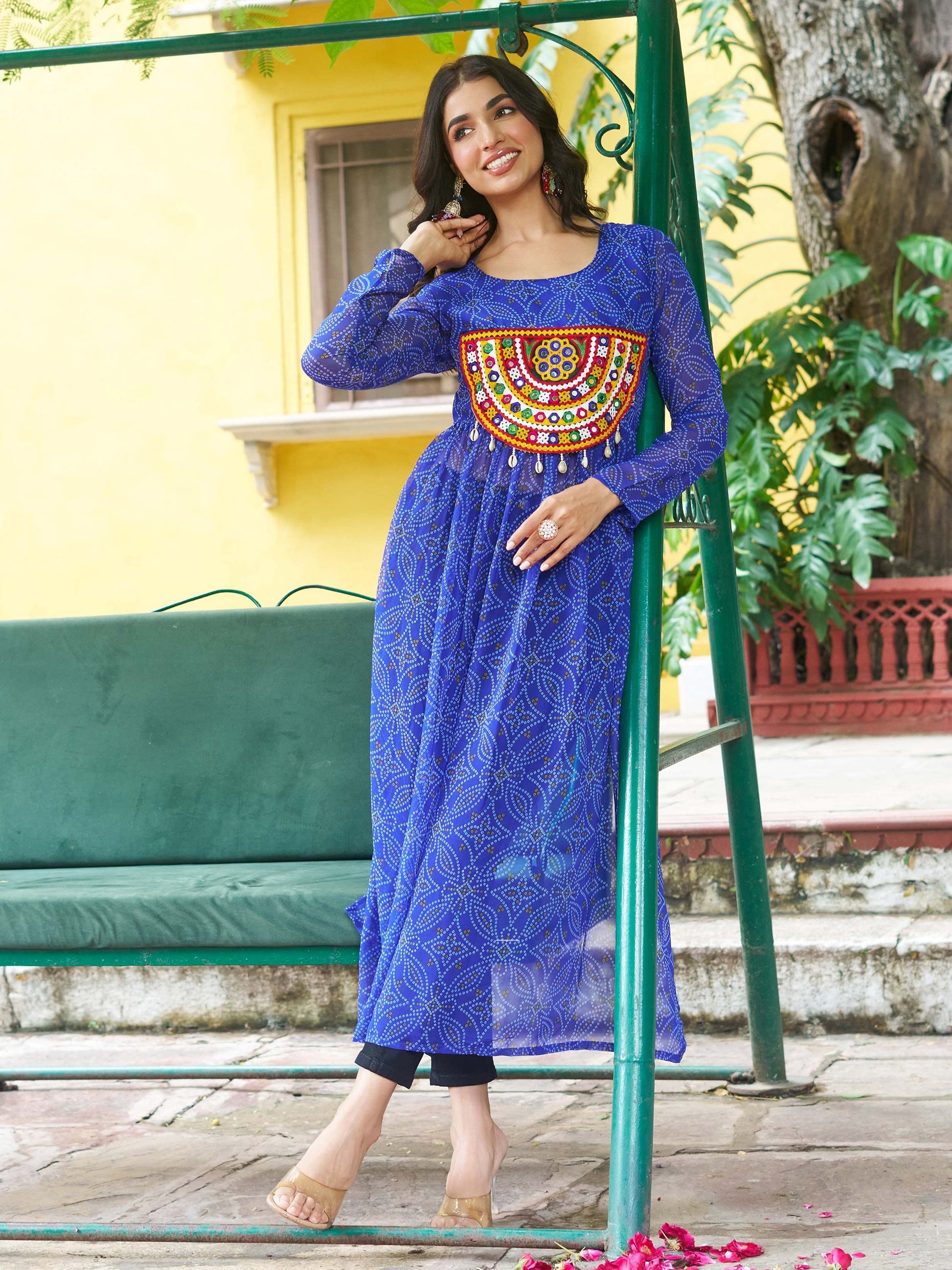 Astonishing Royal Blue Gamthi Work Georgette Festive Wear Long Kurti - Zeel Clothing
