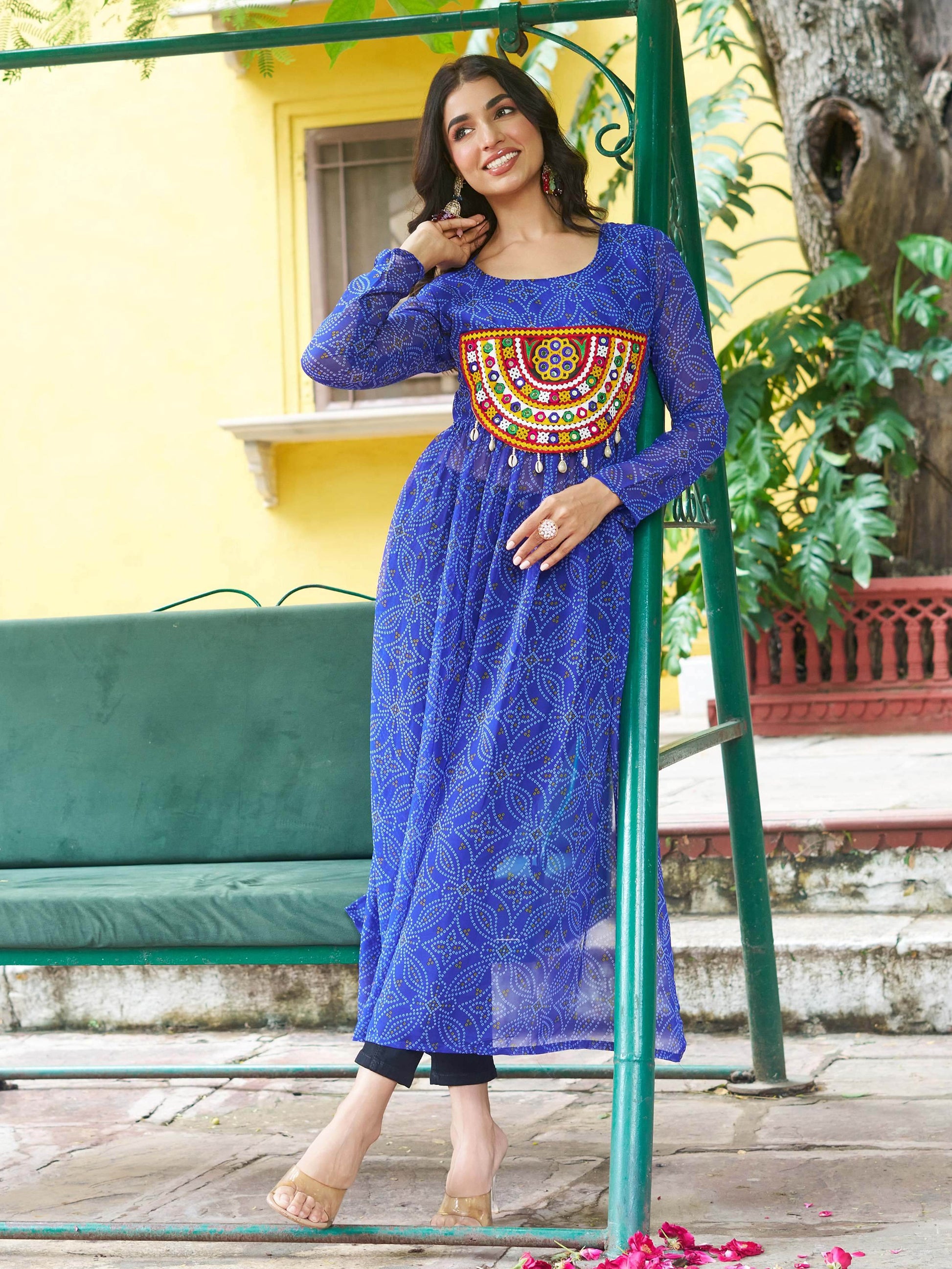 Astonishing Royal Blue Gamthi Work Georgette Festive Wear Long Kurti - Zeel Clothing