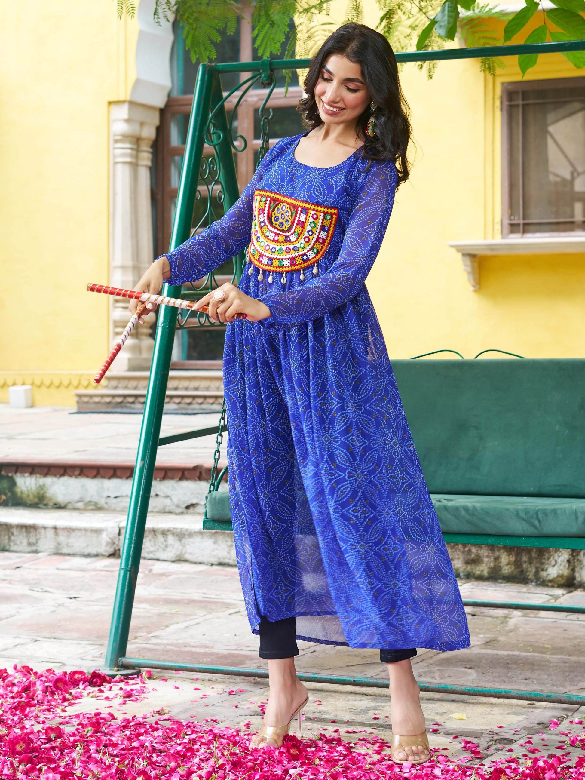 Astonishing Royal Blue Gamthi Work Georgette Festive Wear Long Kurti - Zeel Clothing
