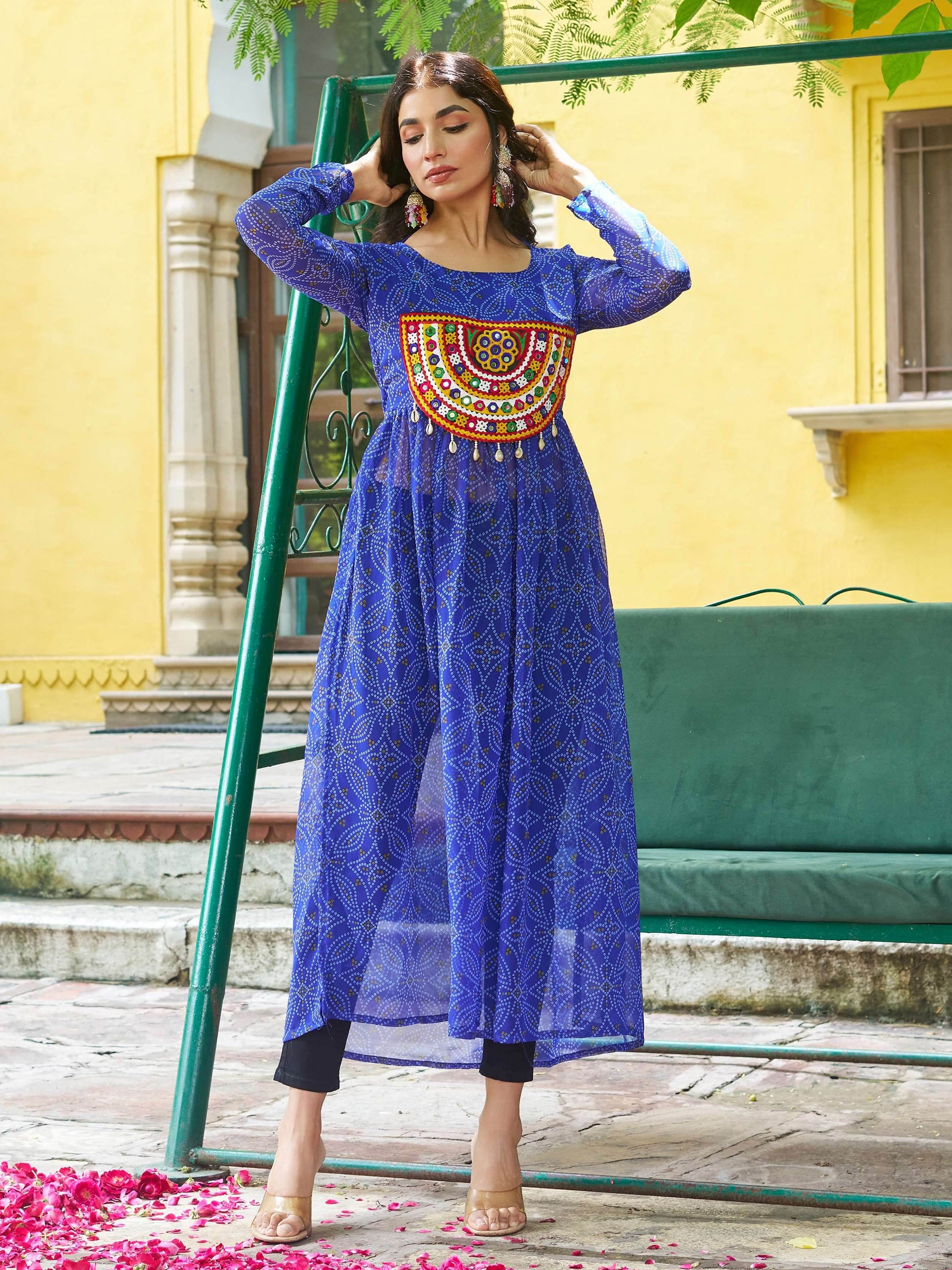Astonishing Royal Blue Gamthi Work Georgette Festive Wear Long Kurti - Zeel Clothing