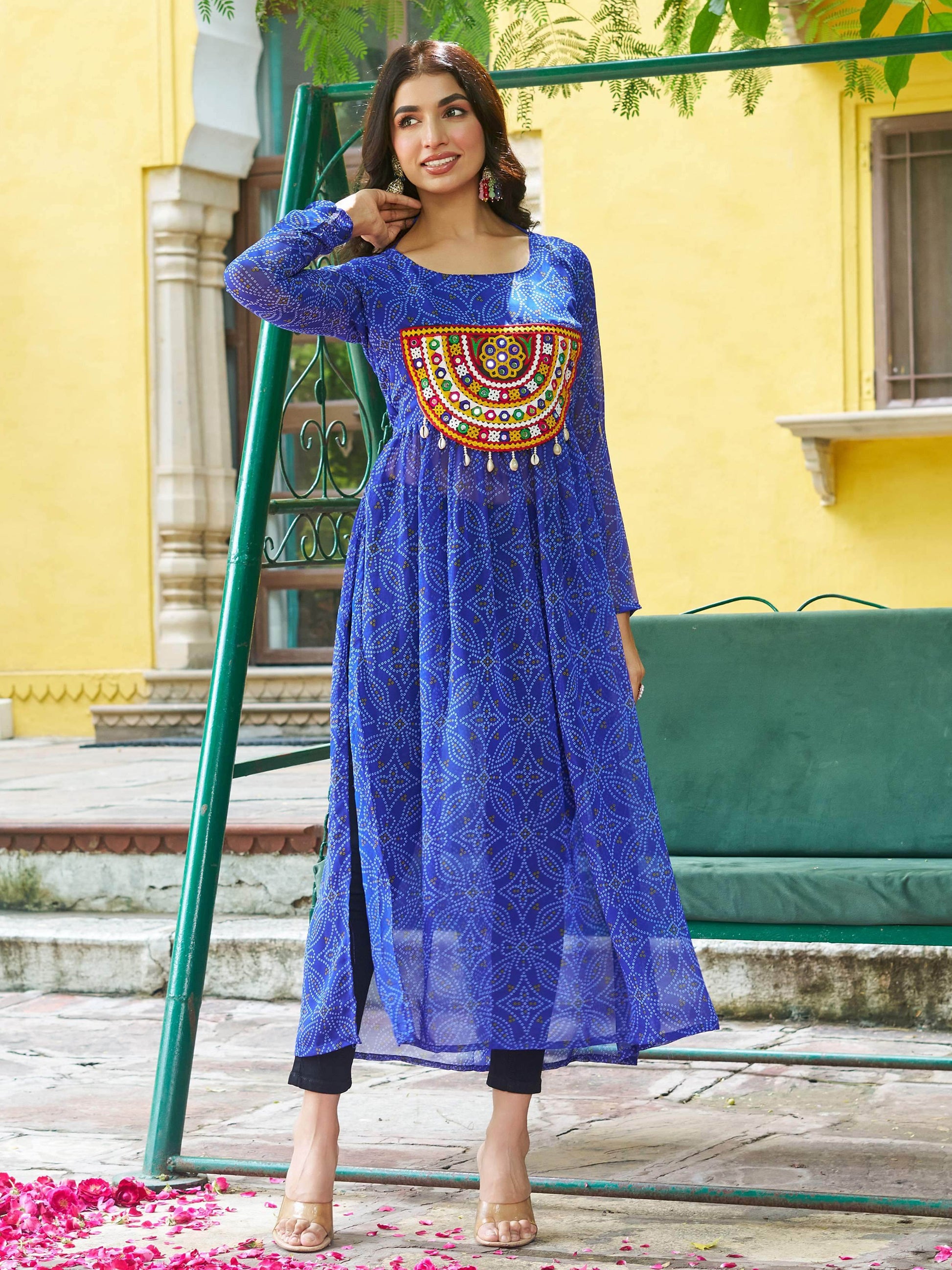 Astonishing Royal Blue Gamthi Work Georgette Festive Wear Long Kurti - Zeel Clothing