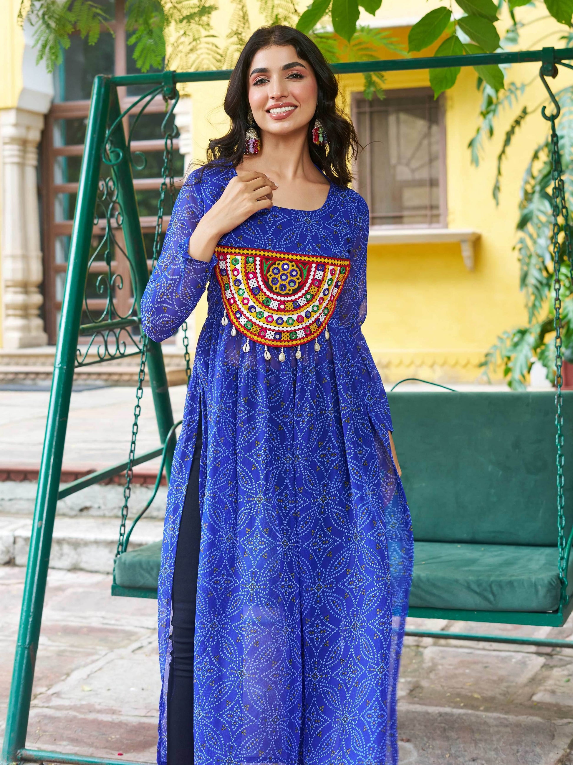 Astonishing Royal Blue Gamthi Work Georgette Festive Wear Long Kurti - Zeel Clothing