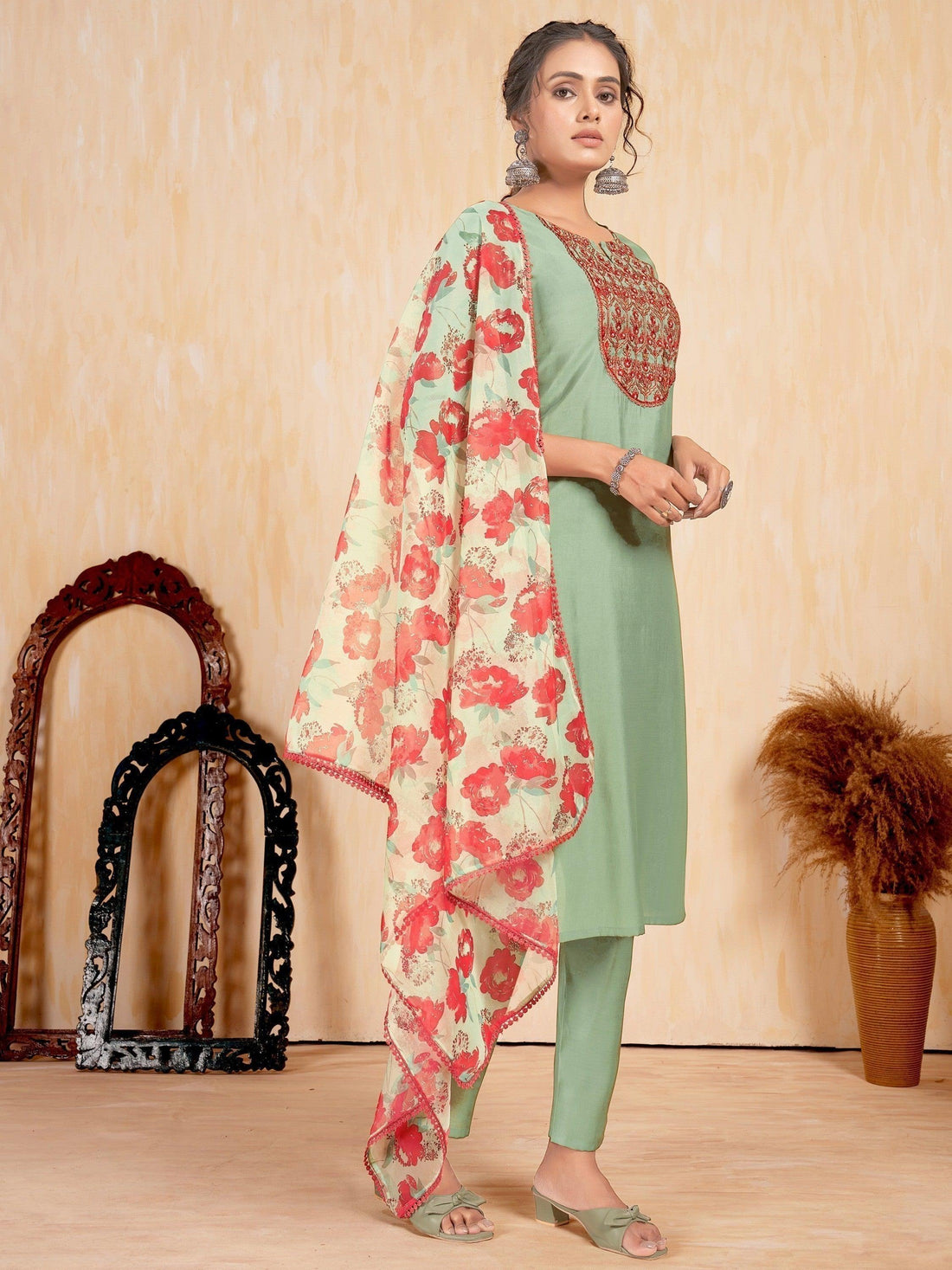 Astonishing Sage Green Embroidered Silk Traditional Pant Suit