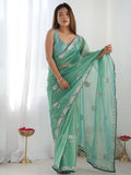 Astonishing Sea Green Sequins Net Party Wear Saree With Blouse - Zeel Clothing