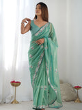 Astonishing Sea Green Sequins Net Party Wear Saree With Blouse - Zeel Clothing
