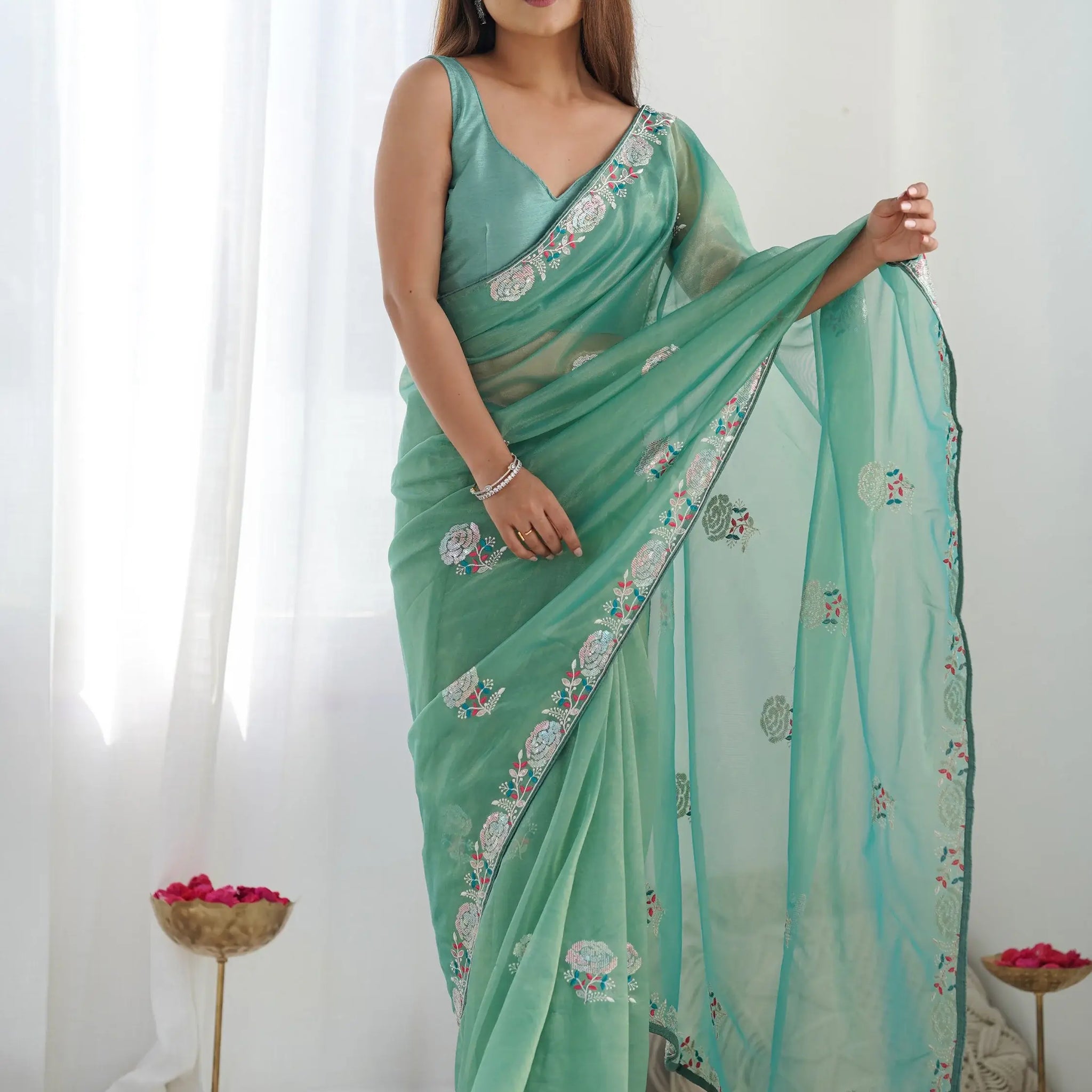 Astonishing Sea Green Sequins Net Party Wear Saree With Blouse - Zeel Clothing
