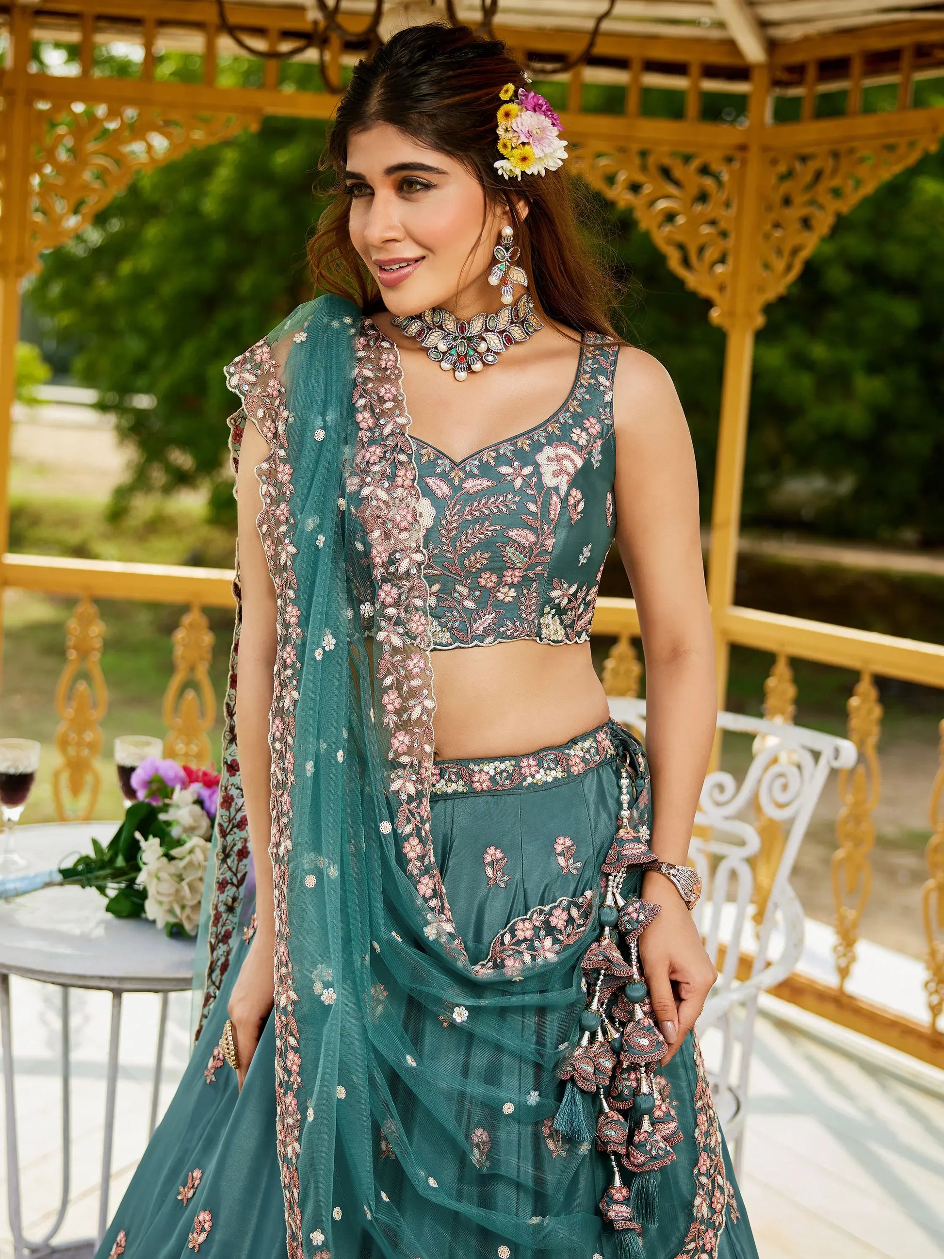 Astonishing Sea-Green Thread Embroidered Satin Lehenga Choli - Zeel Clothing