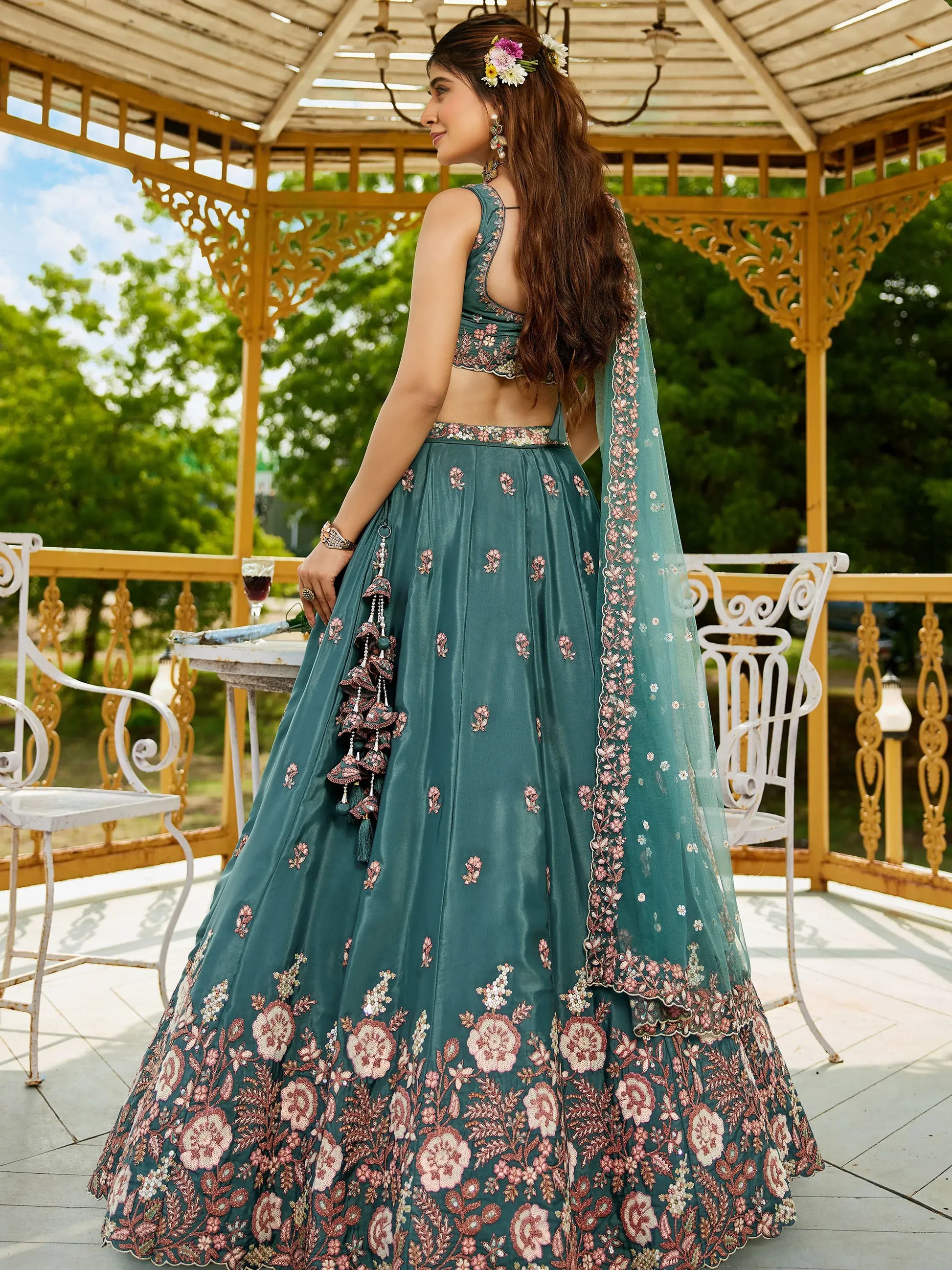 Astonishing Sea-Green Thread Embroidered Satin Lehenga Choli - Zeel Clothing