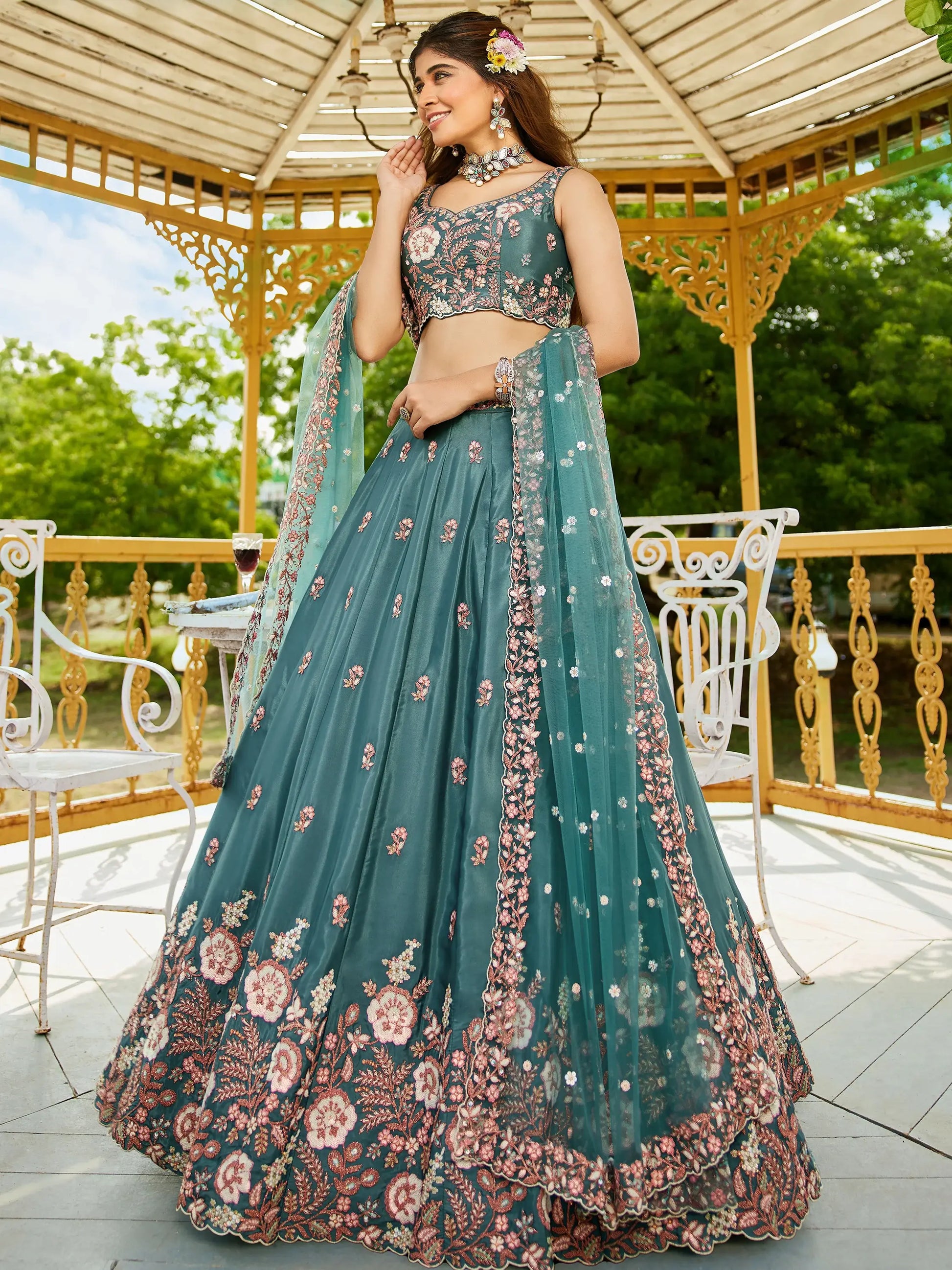 Astonishing Sea-Green Thread Embroidered Satin Lehenga Choli - Zeel Clothing