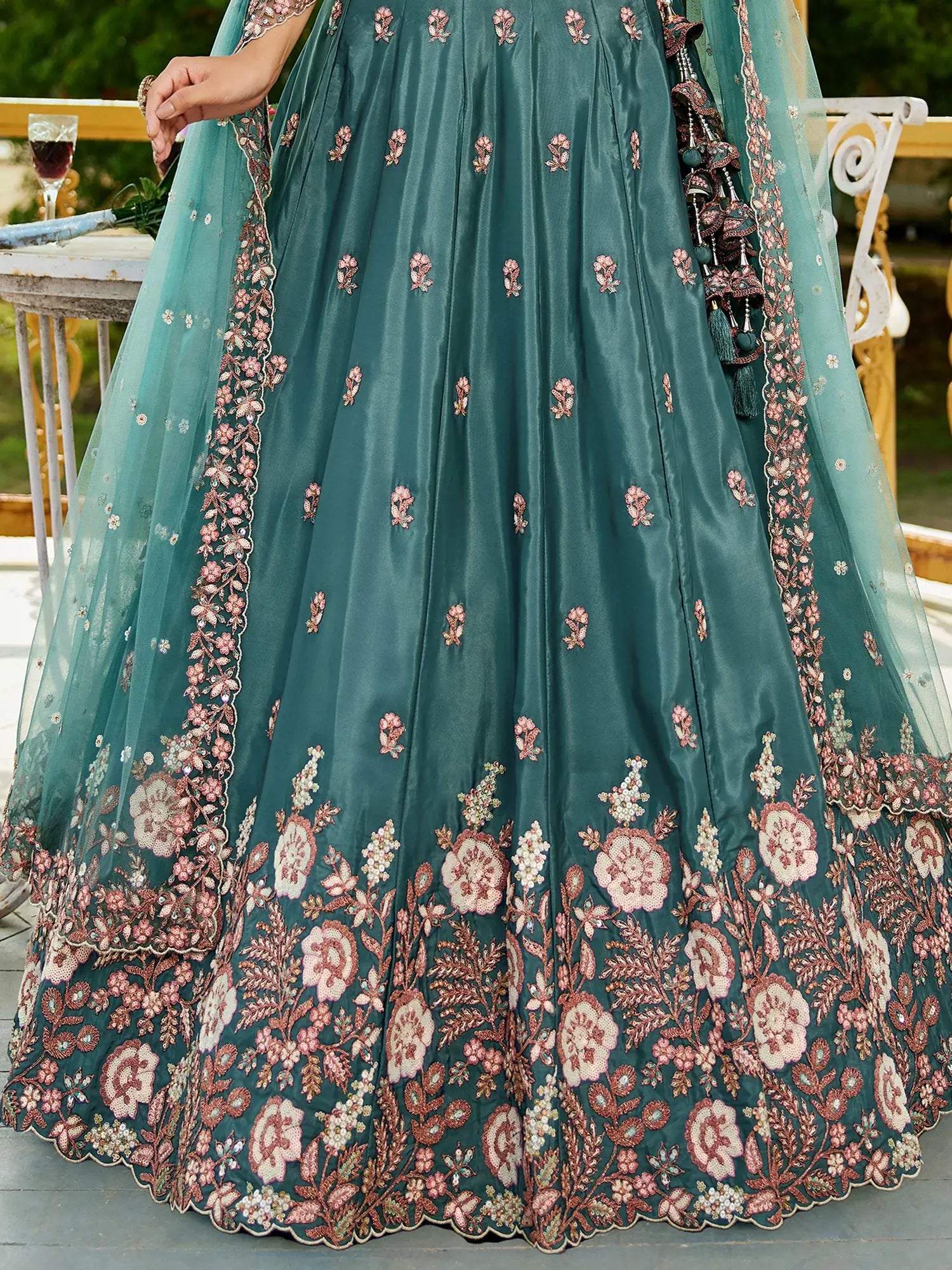 Astonishing Sea-Green Thread Embroidered Satin Lehenga Choli - Zeel Clothing