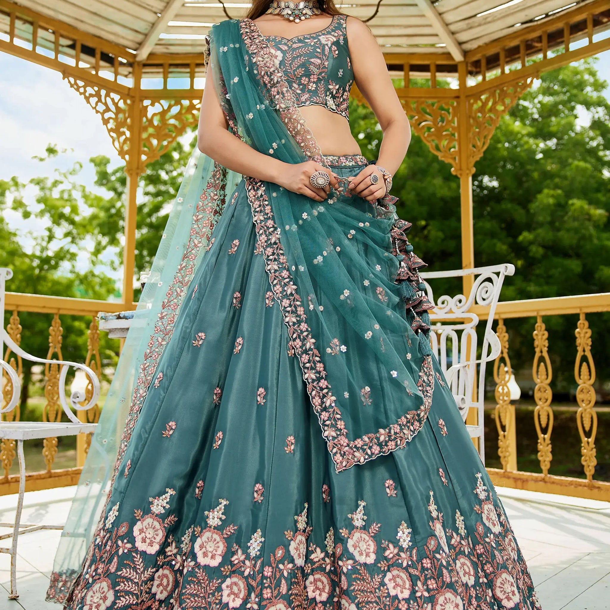 Astonishing Sea-Green Thread Embroidered Satin Lehenga Choli - Zeel Clothing