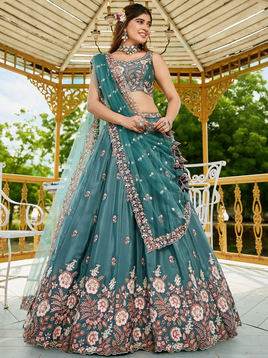Astonishing Sea-Green Thread Embroidered Satin Lehenga Choli - Zeel Clothing