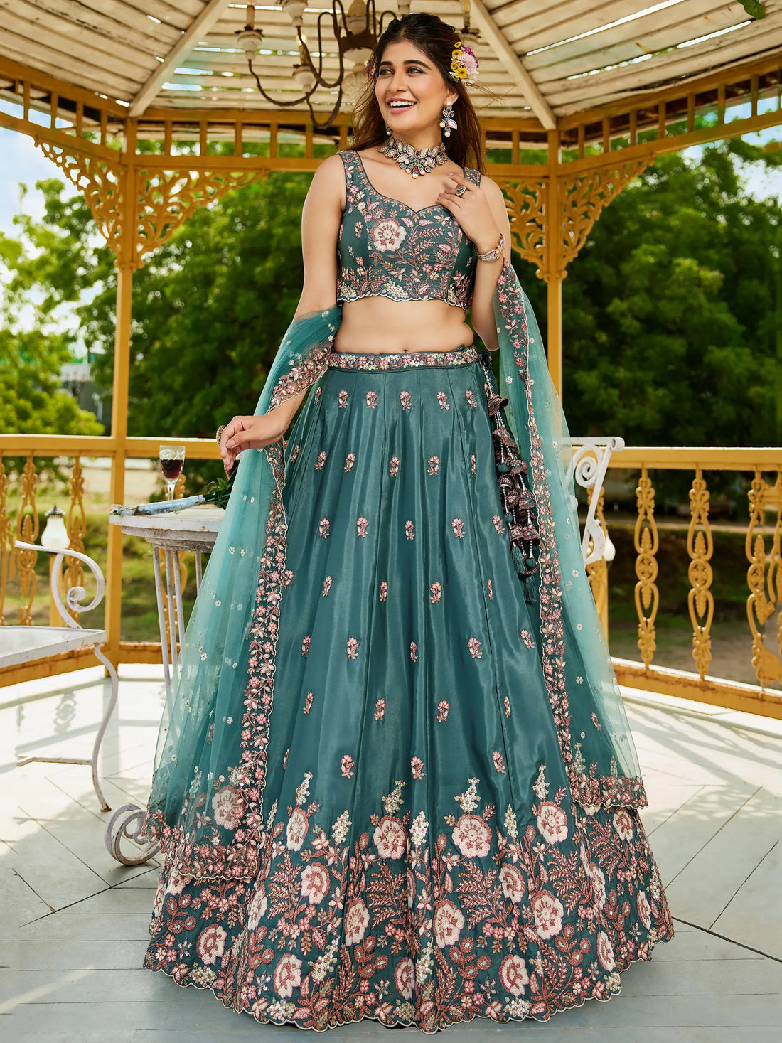 Astonishing Sea-Green Thread Embroidered Satin Lehenga Choli - Zeel Clothing