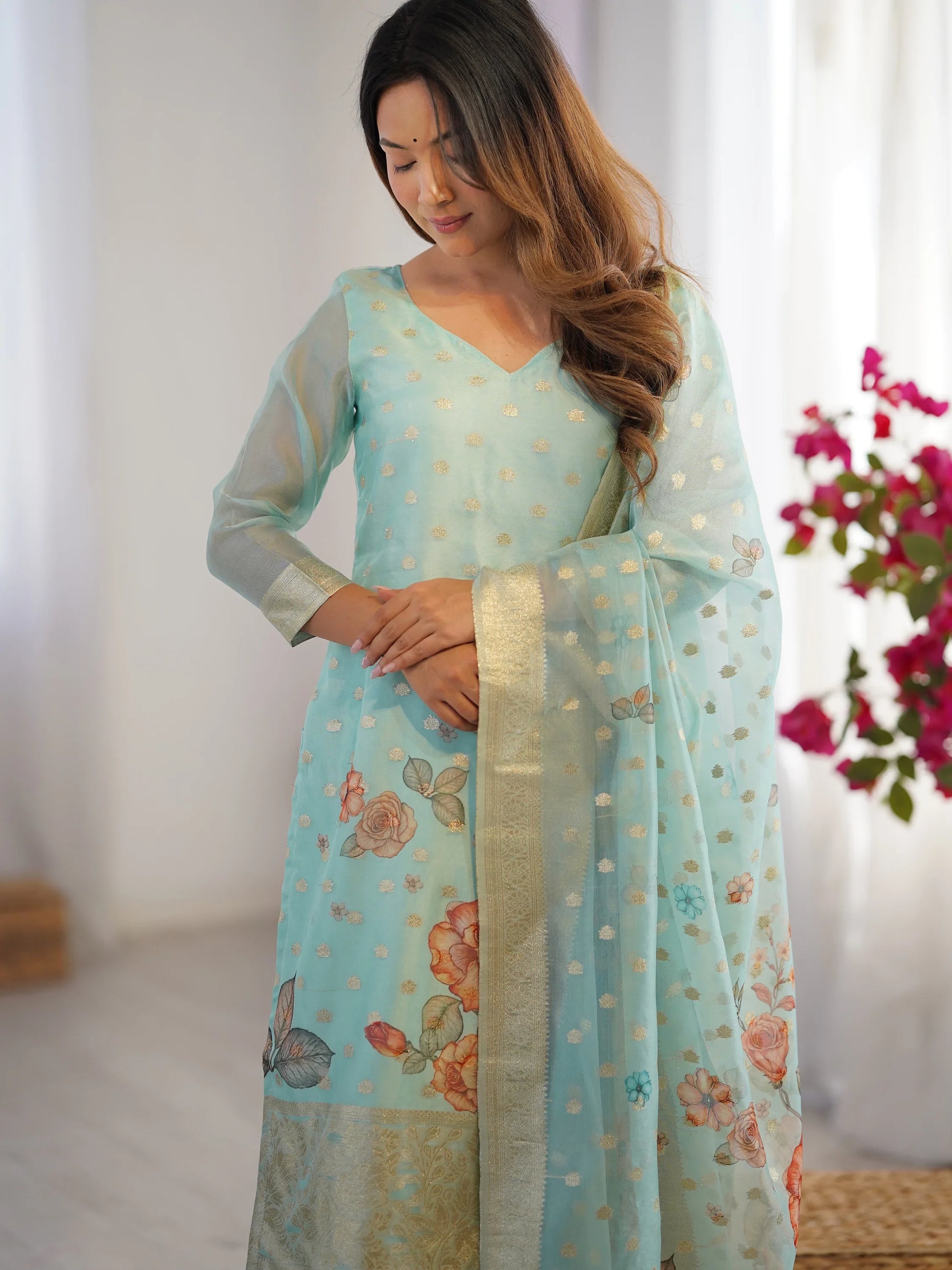Astonishing Sky-Blue Floral Printed Chanderi Festival Wear Pant Suit - Zeel Clothing