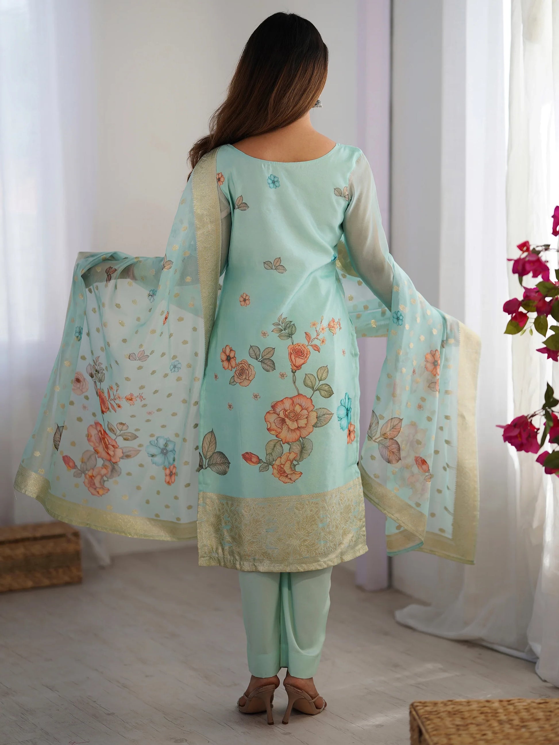 Astonishing Sky-Blue Floral Printed Chanderi Festival Wear Pant Suit - Zeel Clothing