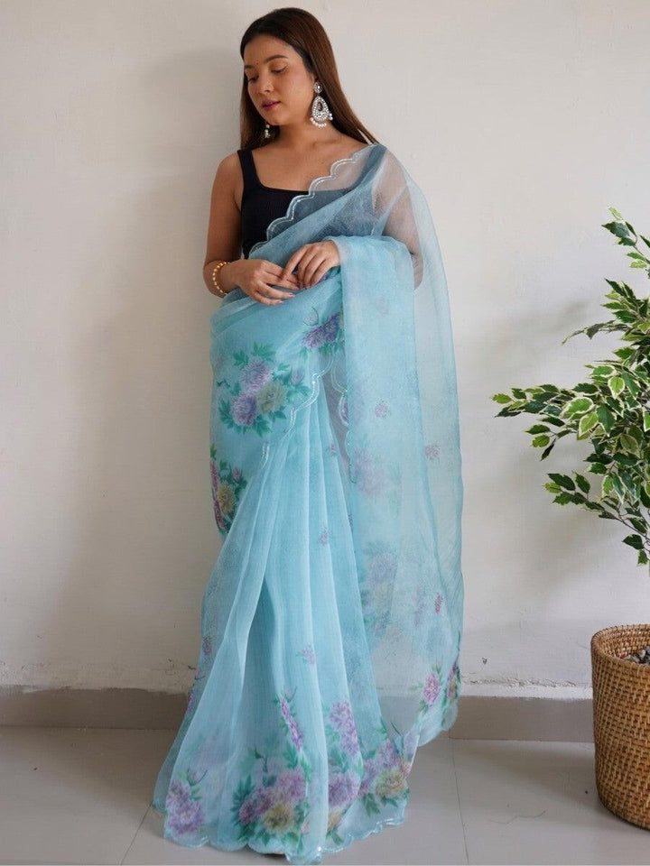 Astonishing Sky-Blue Floral Printed Organza Saree With Blouse