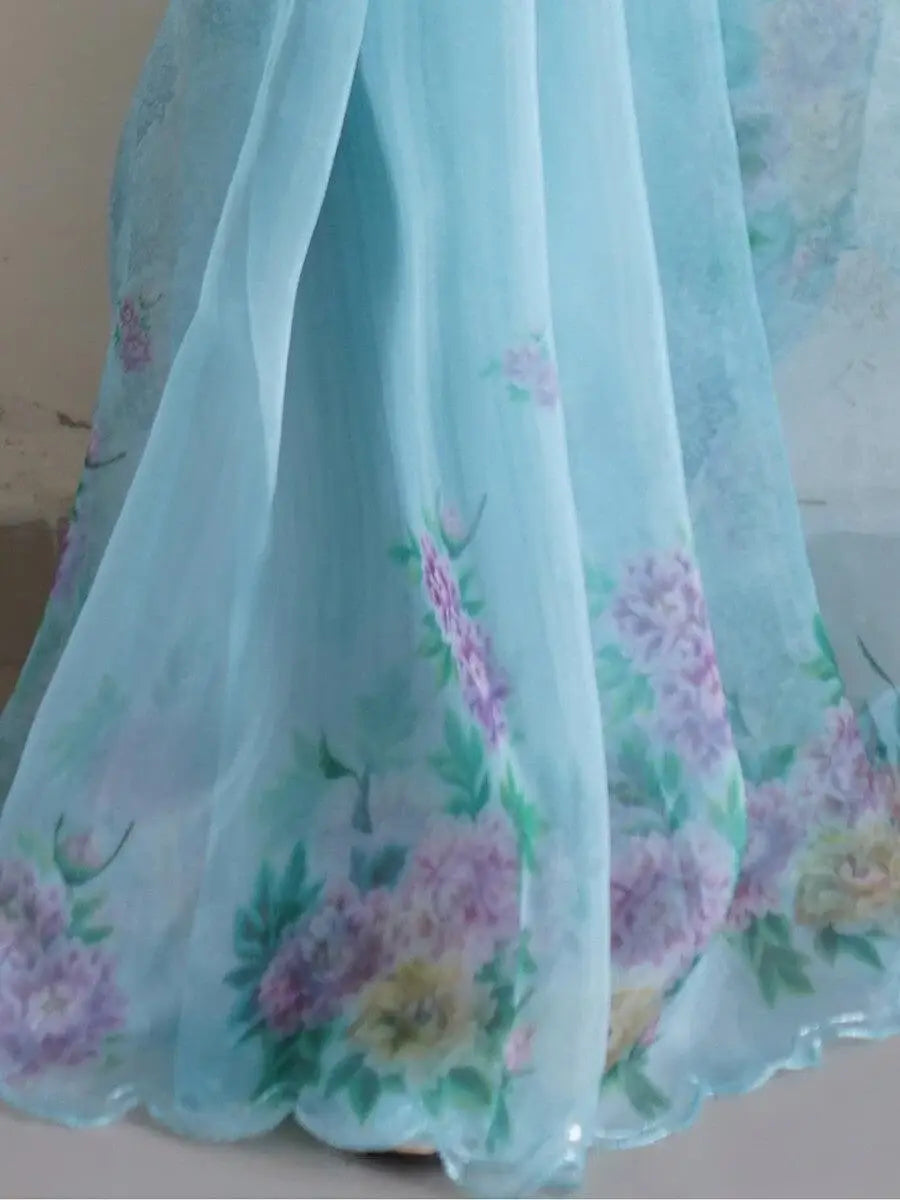 Astonishing Sky-Blue Floral Printed Organza Saree With Blouse - Zeel Clothing