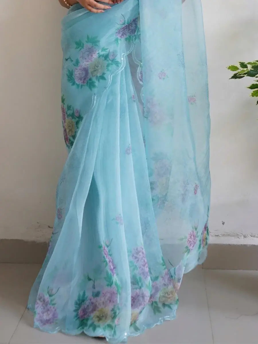 Astonishing Sky-Blue Floral Printed Organza Saree With Blouse - Zeel Clothing