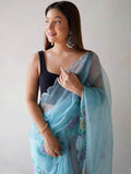 Astonishing Sky-Blue Floral Printed Organza Saree With Blouse - Zeel Clothing
