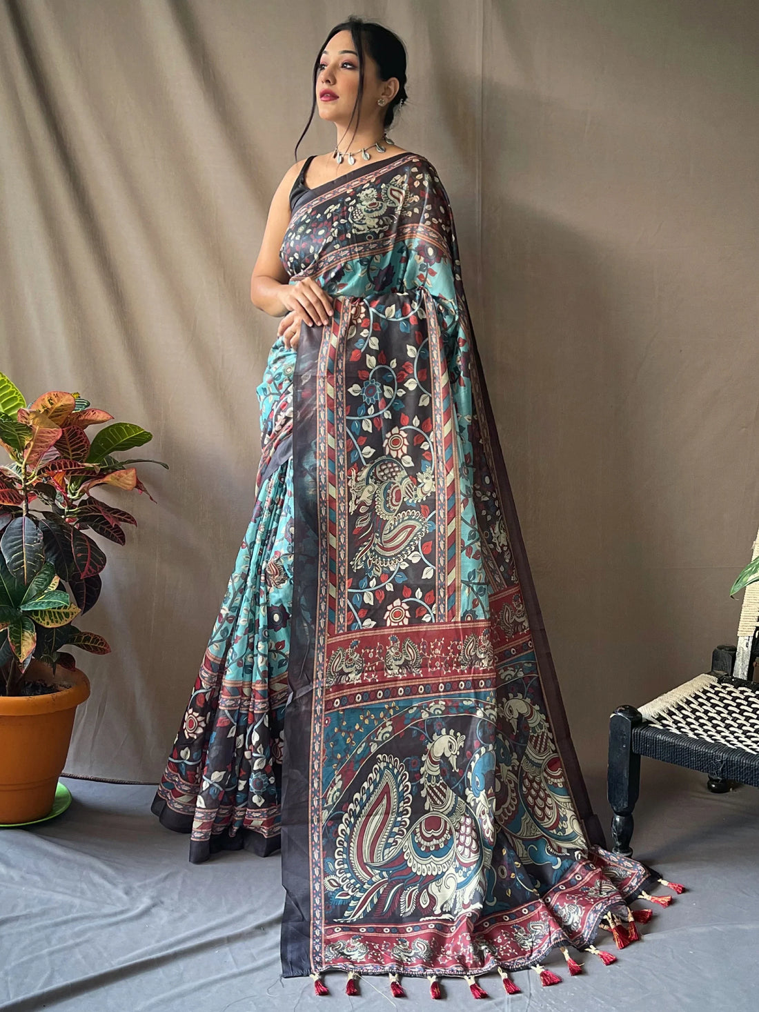 Astonishing Sky-Blue Kalamkari Printed Cotton Event Wear Saree - Zeel Clothing