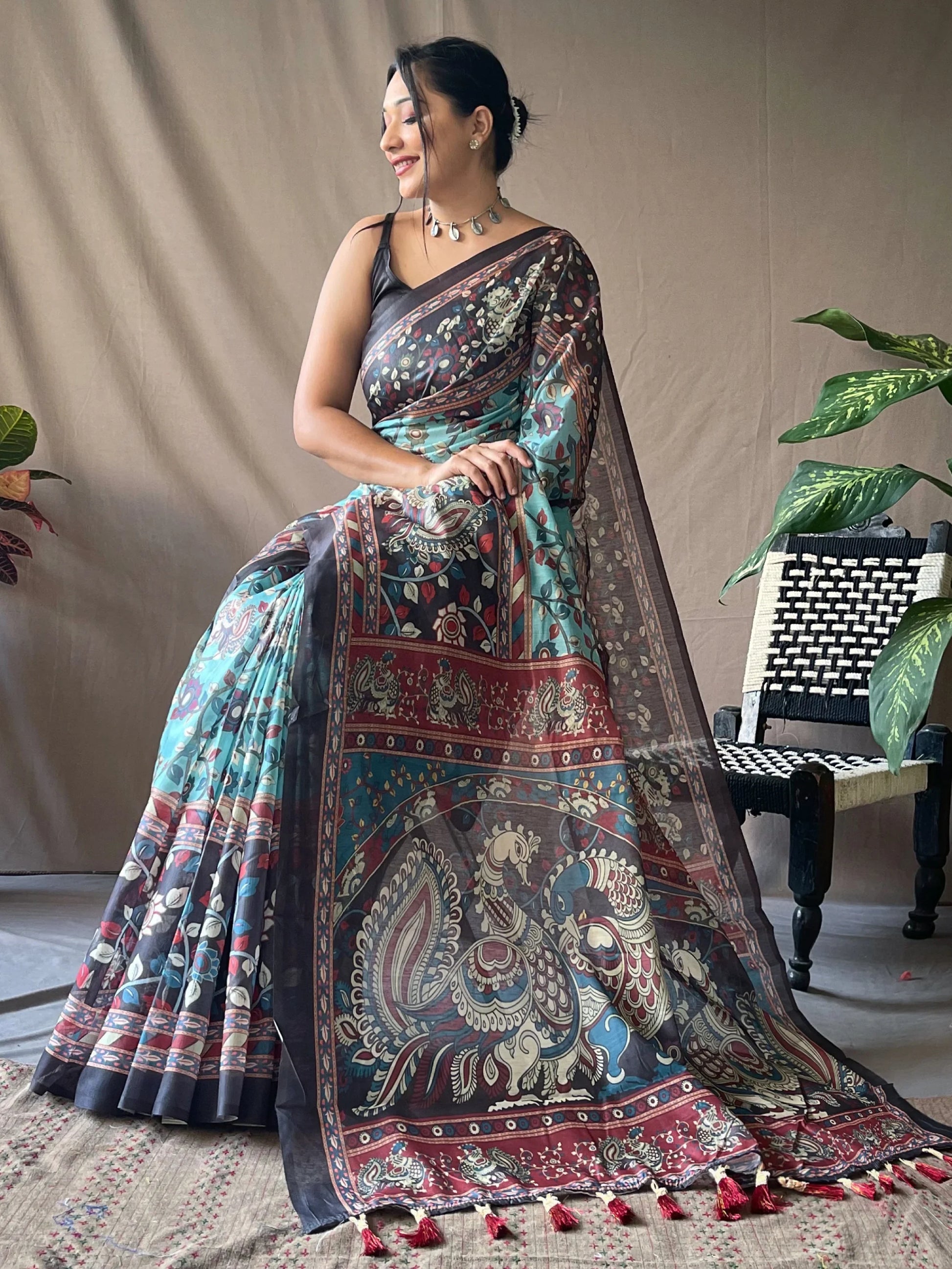 Astonishing Sky-Blue Kalamkari Printed Cotton Event Wear Saree - Zeel Clothing