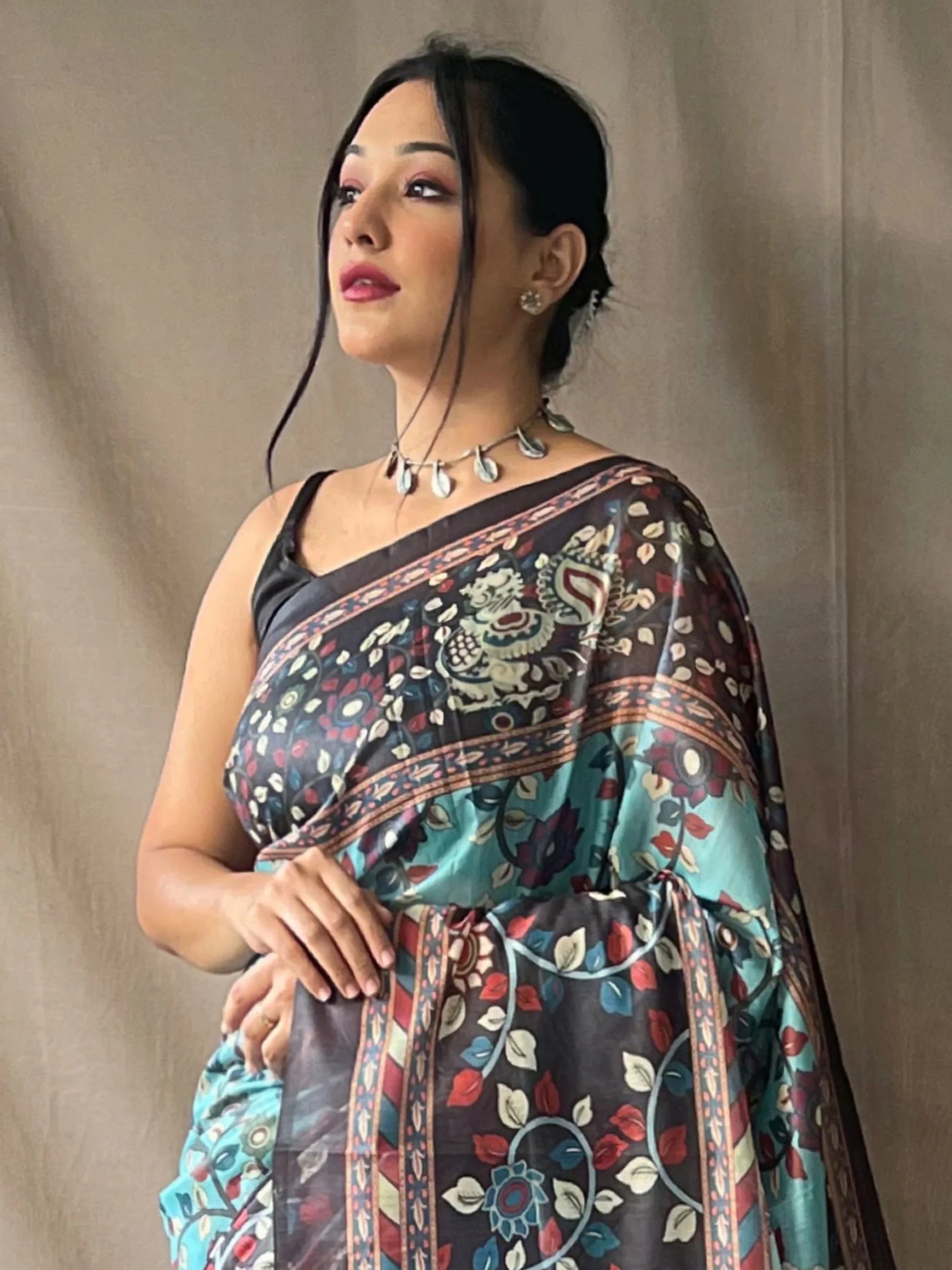 Astonishing Sky-Blue Kalamkari Printed Cotton Event Wear Saree - Zeel Clothing